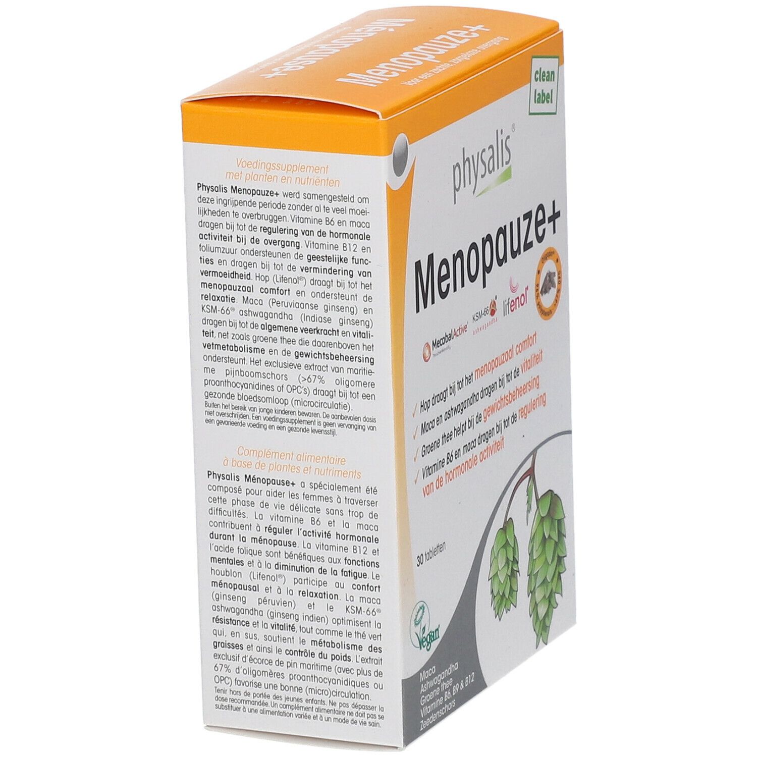 Verpakking Physalis® Menopause+ met ingrediënten en informatie. 30 tabletten, vegan.