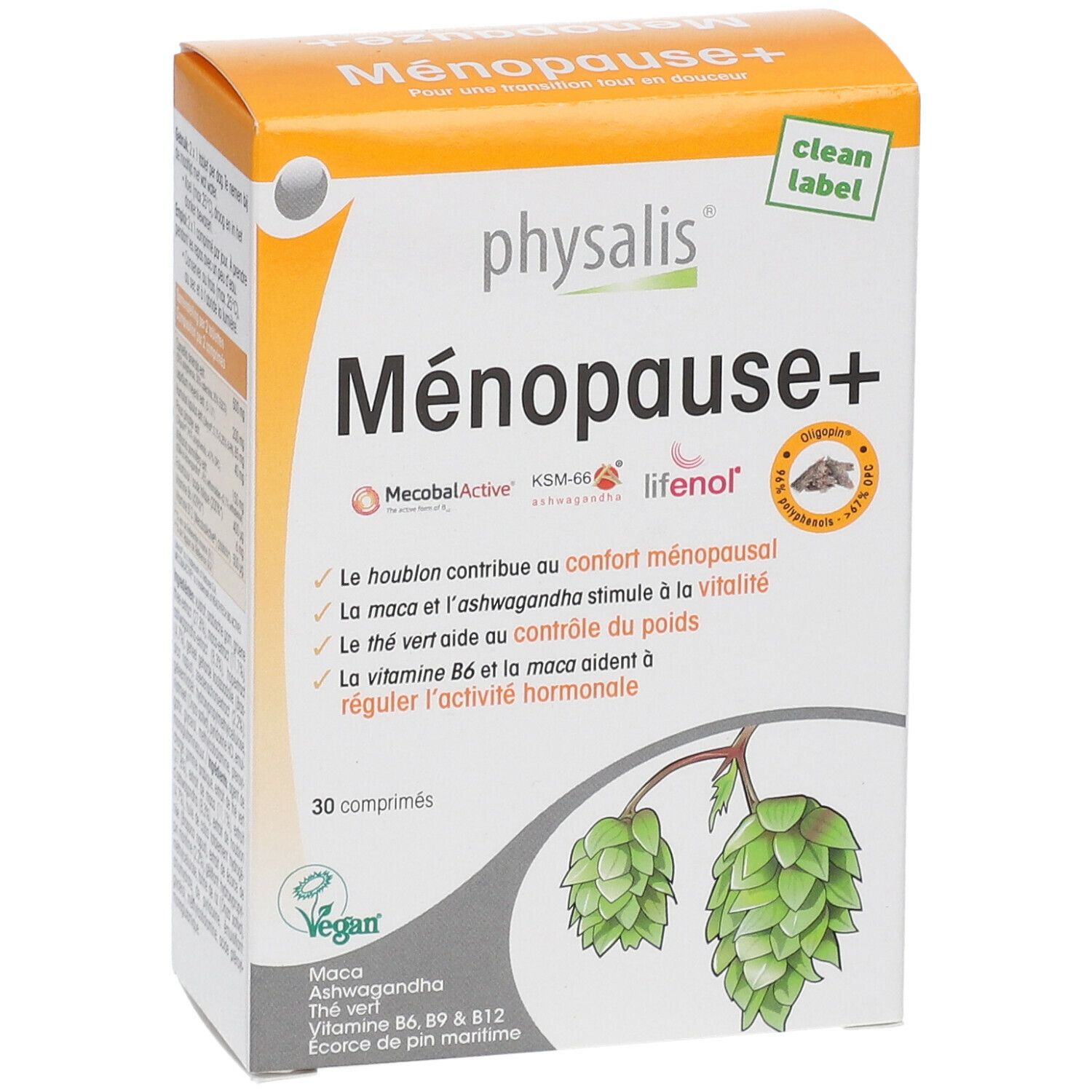 Verpakking Physalis® Menopause+ met ingrediënten en informatie. 30 tabletten, vegan.