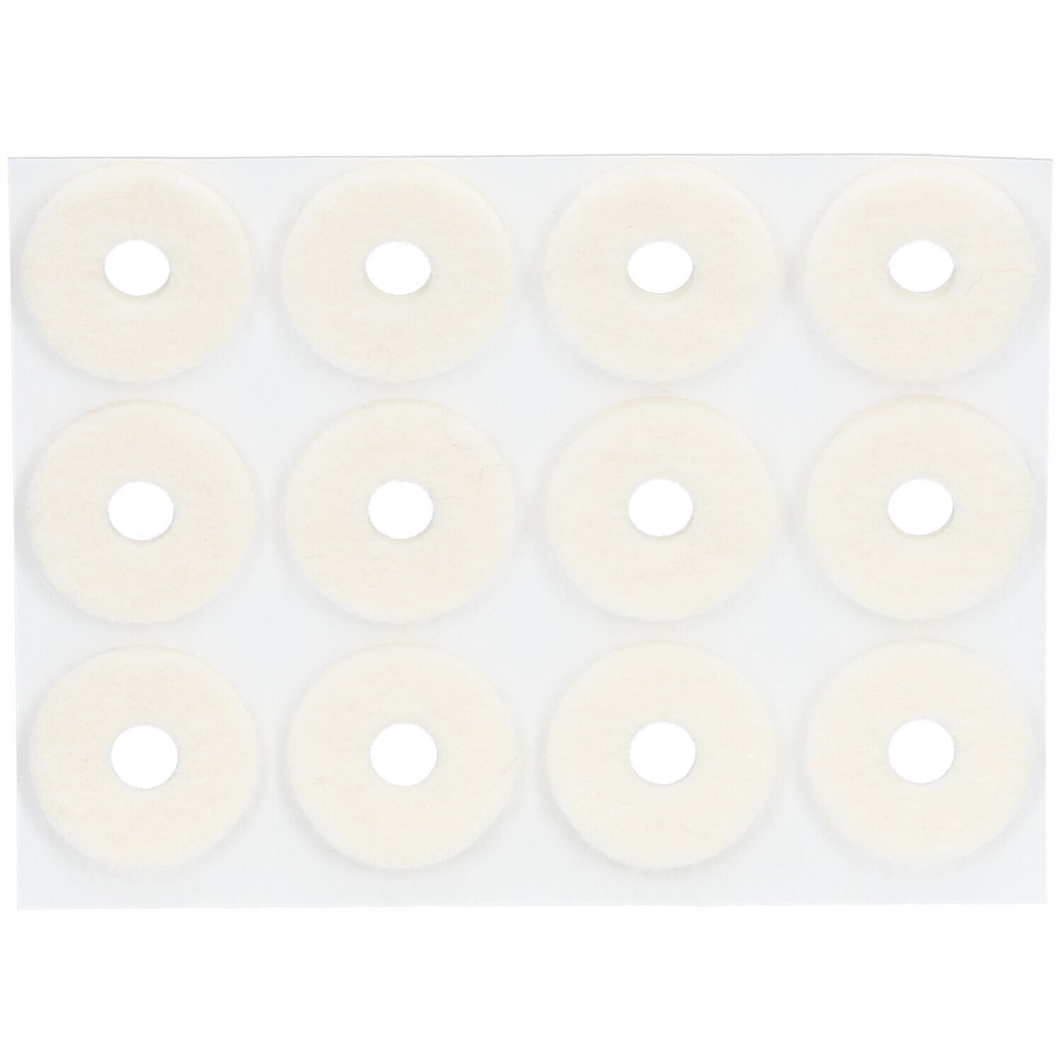 Anneaux en feutre beiges, troués au centre, disposés sur fond blanc. 12 pièces.
