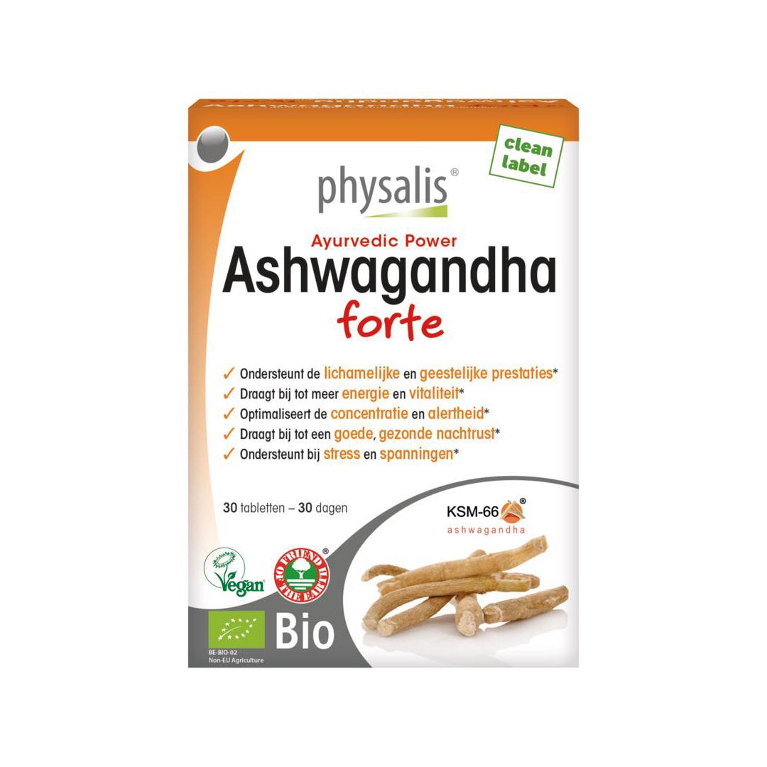 Verpakking van physalis® Ashwagandha forte. Oranje-witte doos met productnaam en logo. Bio-certificering.