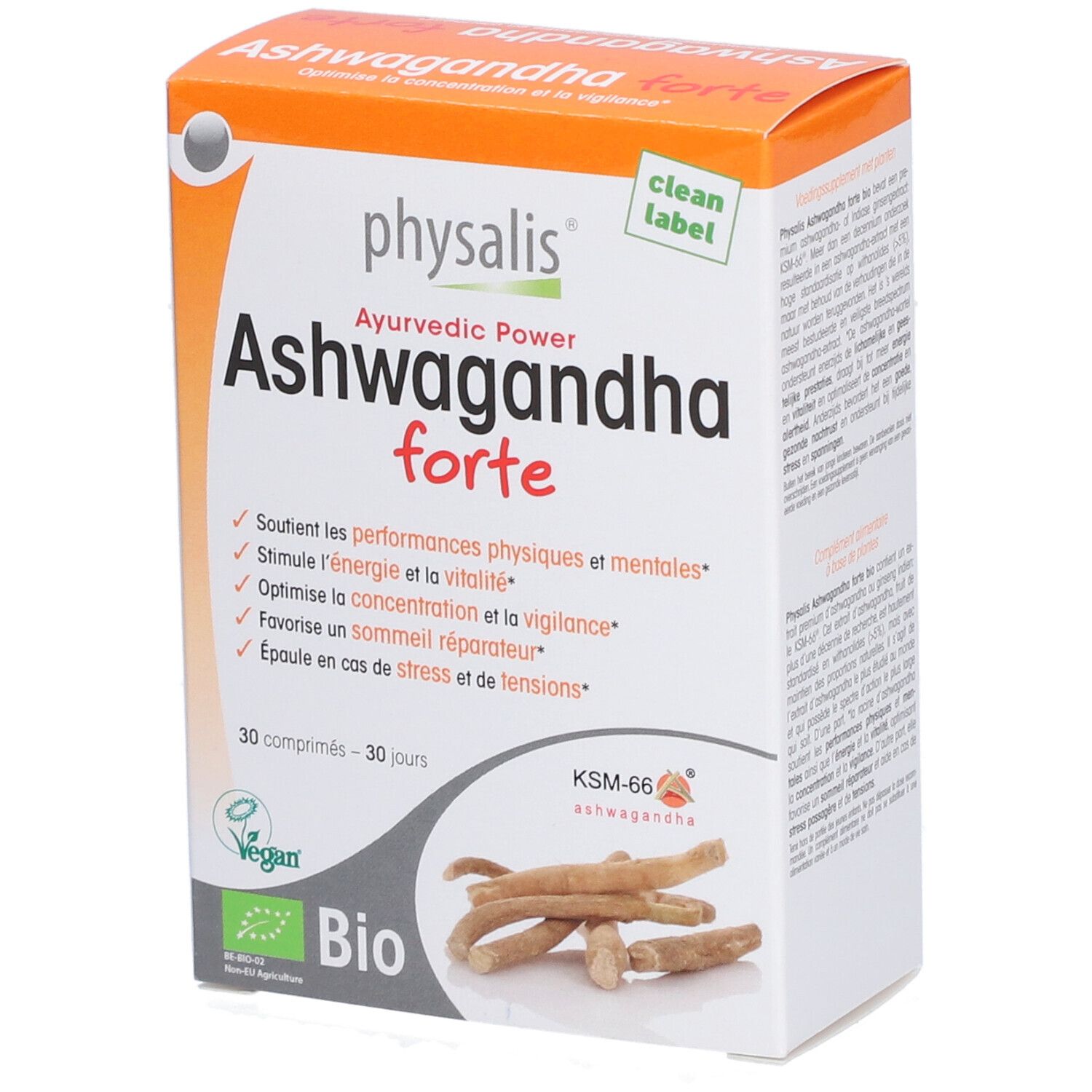 Verpakking van physalis® Ashwagandha forte. Oranje-witte doos met productnaam en logo. Bio-certificering.