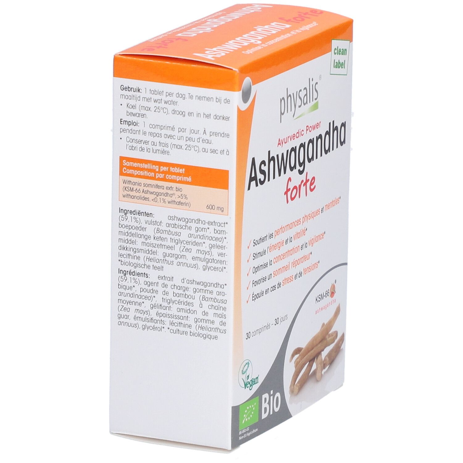 Verpakking van physalis® Ashwagandha forte. Zijaanzicht met productinformatie. Bio-certificering.