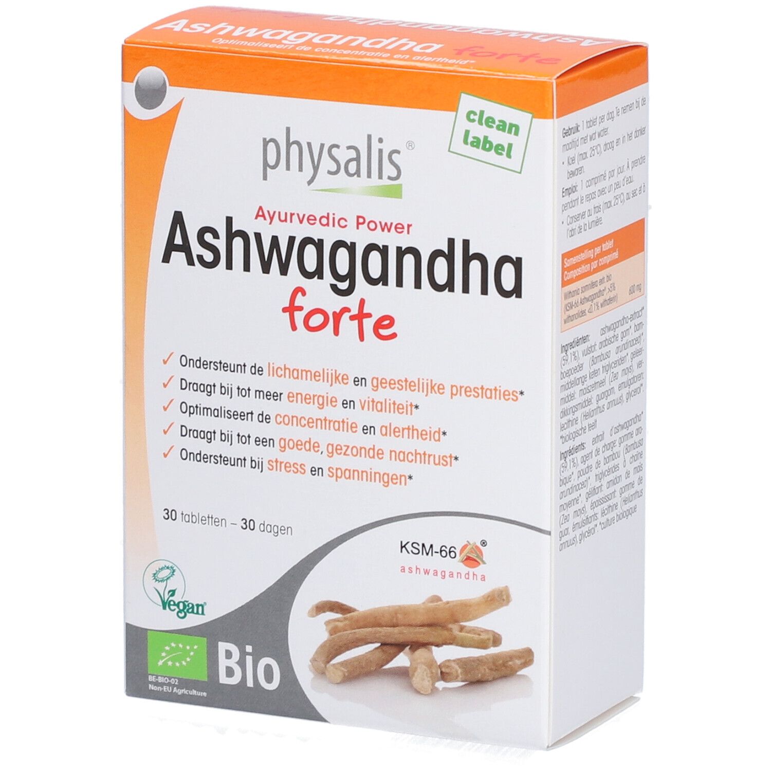 Verpakking van physalis® Ashwagandha forte. Oranje-witte doos met productnaam en logo. Bio-certificering.