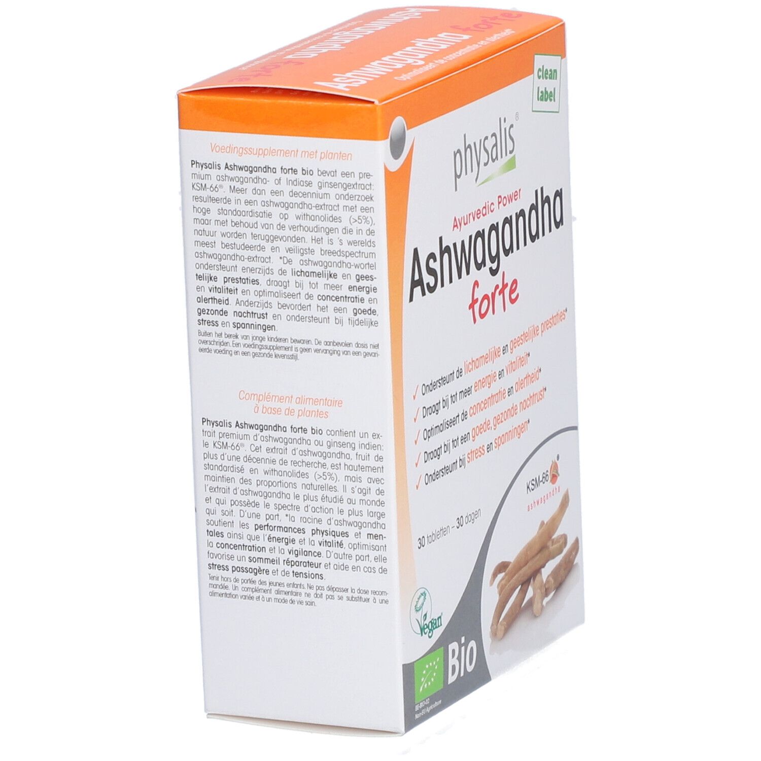 Verpakking van physalis® Ashwagandha forte. Zijaanzicht met productinformatie. Bio-certificering.