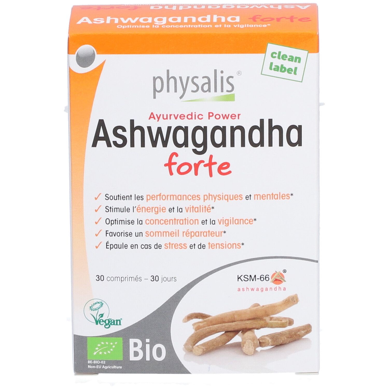 Verpakking van physalis® Ashwagandha forte. Oranje-witte doos met productnaam en logo. Bio-certificering.