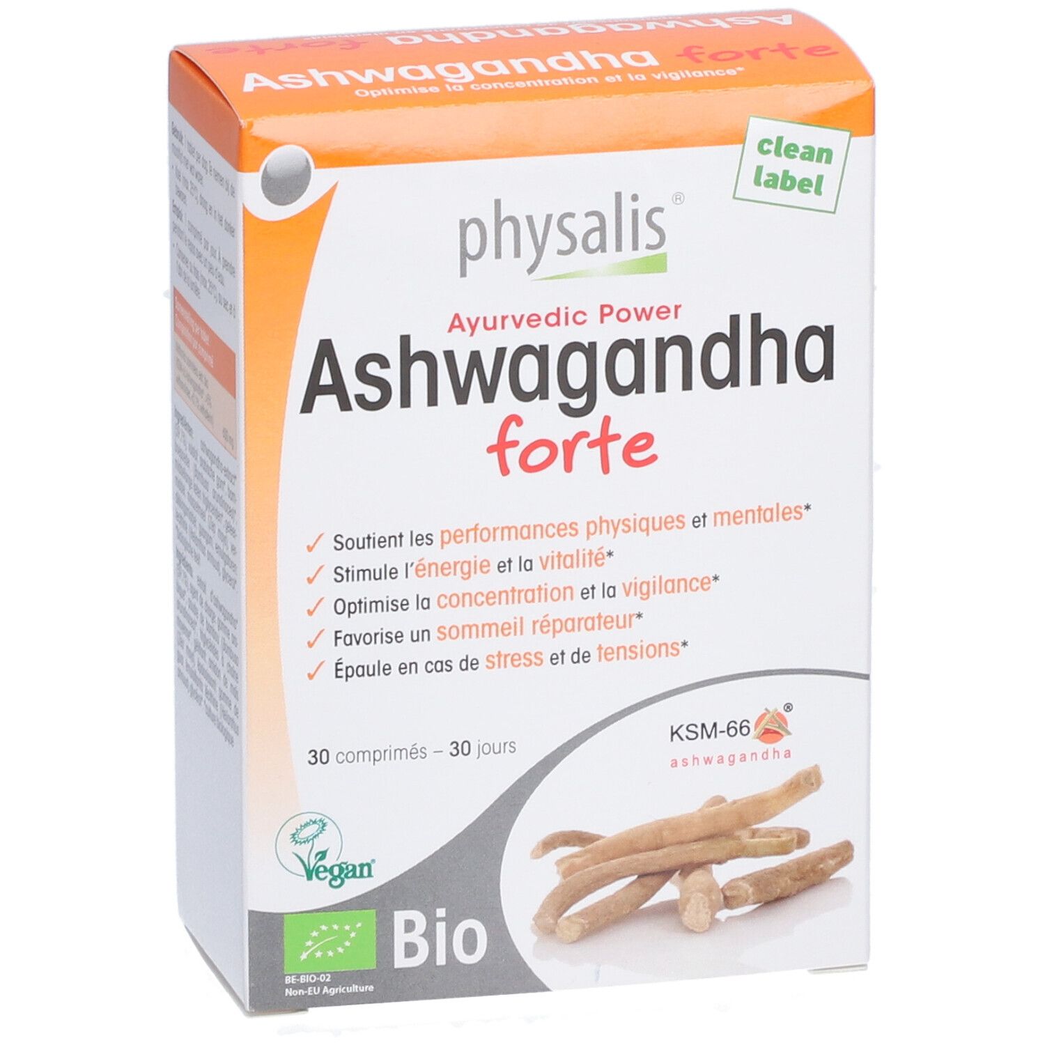 Verpakking van physalis® Ashwagandha forte. Oranje-witte doos met productnaam en logo. Bio-certificering.