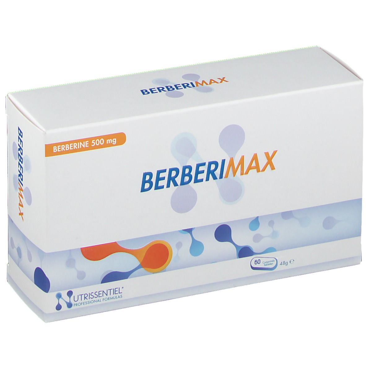 Boîte blanche BERBERIMAX. Inscription: Berberine 500 mg. Logo NUTRISSIENTIEL. Contient 60 comprimés.