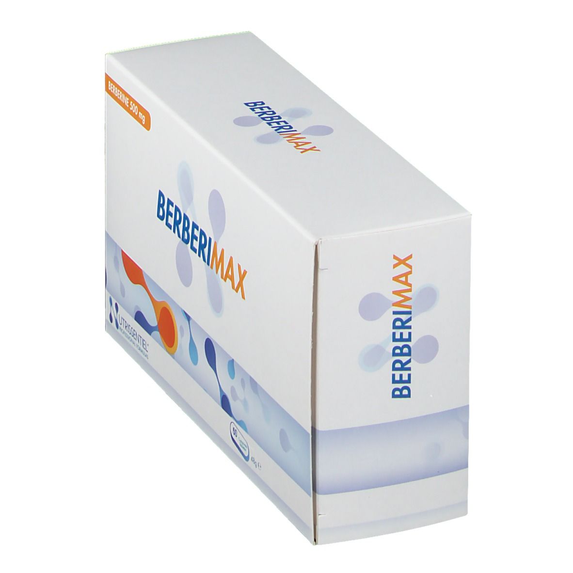 Boîte BERBERIMAX blanche avec logo. Inscription: Berberine 500 mg. Logo NUTRISSIENTIEL. Boîte en biais.