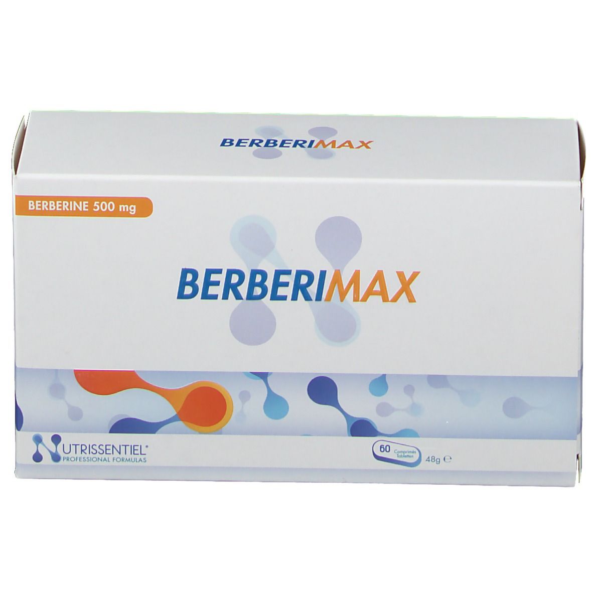 Boîte blanche BERBERIMAX. Inscription: Berberine 500 mg. Contient 60 comprimés. Logo NUTRISSIENTIEL.