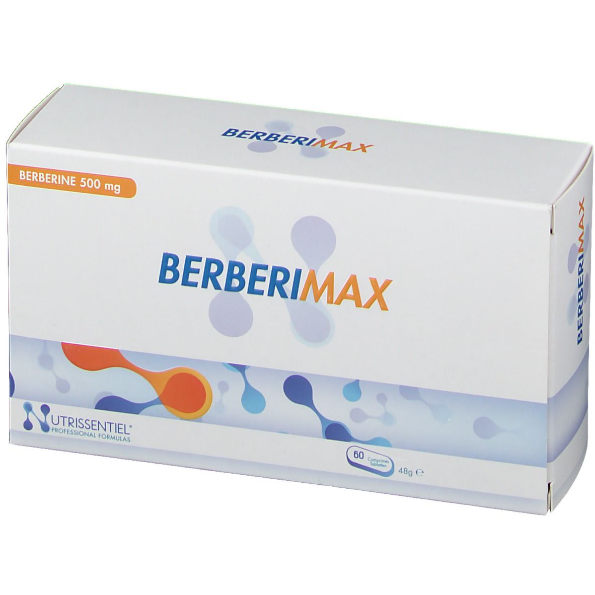 Boîte blanche BERBERIMAX. Inscription: Berberine 500 mg. Contient 60 comprimés. Logo NUTRISSIENTIEL.