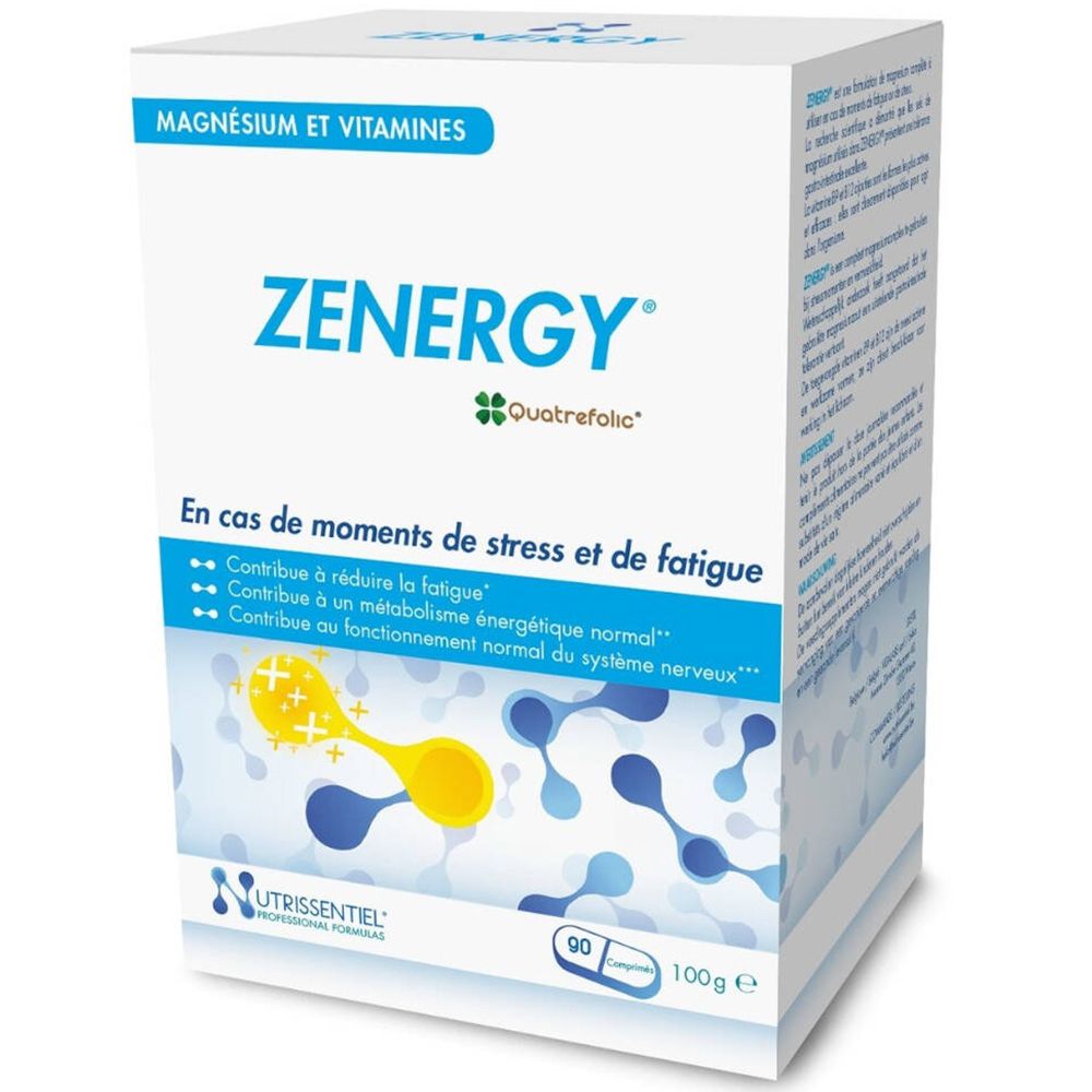 Boîte Zenergy, magnésium et vitamines. Texte: En cas de moments de stress et de fatigue. 90 comprimés, 100g.