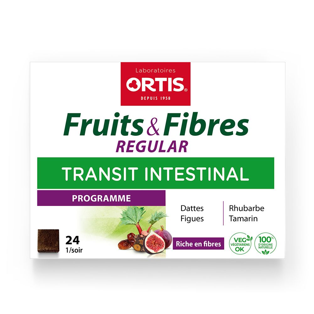 Ortis Fruits & Fibres Regular Transit Intestinal. Verpackung mit 24 Würfeln. Mit Feigen, Datteln, Rhabarber und Tamarinde. Vegetarisch.