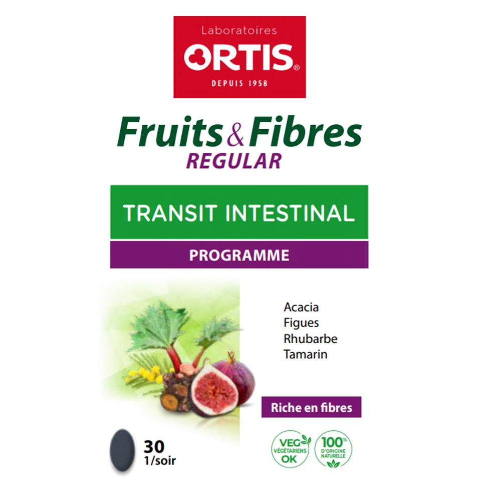 Ortis Fruits & Fibres, 30 comprimés. Illustration du produit avec ingrédients: Acacia, Figues, Rhubarbe, Tamarin.