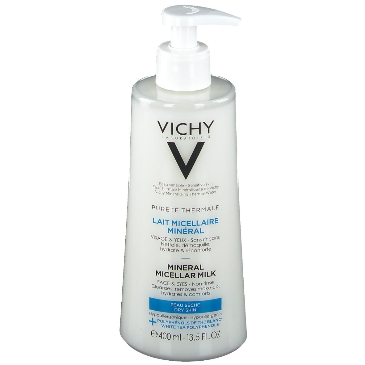 Witte fles met pomp. Opschrift: Vichy, Pureté Thermale, Lait Micellaire Minéral, Mineral Micellar Milk. Voor de droge huid.