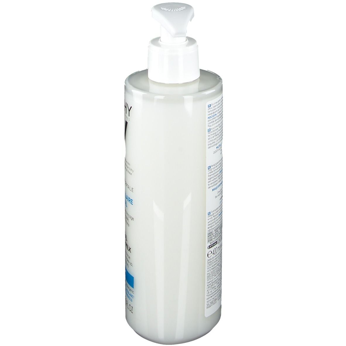 Fles met pomp, zijaanzicht. Opschrift: Vichy, Pureté Thermale, Lait Micellaire Minéral. Voor de droge huid. Volume: 400 ml.