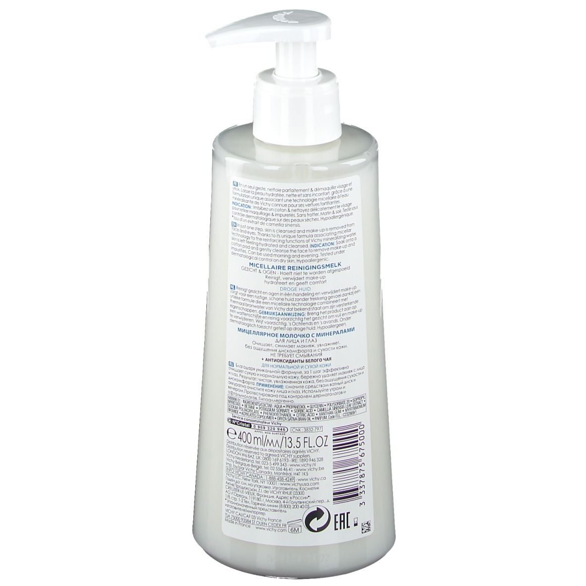 Fles met pomp, achteraanzicht. Opschrift: Vichy, Pureté Thermale, Lait Micellaire Minéral. Voor de droge huid. Volume: 400 ml.