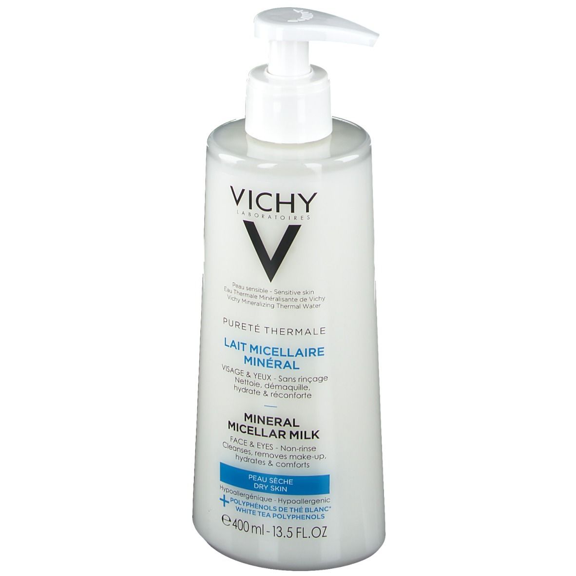 Witte fles met pomp. Opschrift: Vichy, Pureté Thermale, Lait Micellaire Minéral, Mineral Micellar Milk. Voor de droge huid.