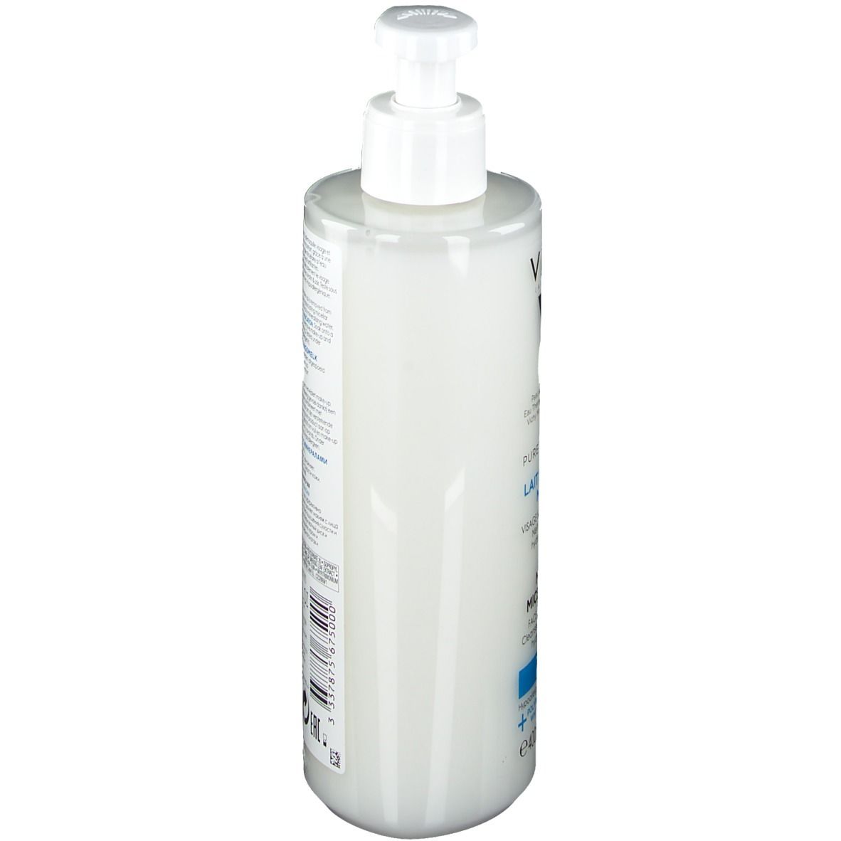 Fles met pomp, zijaanzicht. Opschrift: Vichy, Pureté Thermale, Lait Micellaire Minéral. Voor de droge huid. Volume: 400 ml.