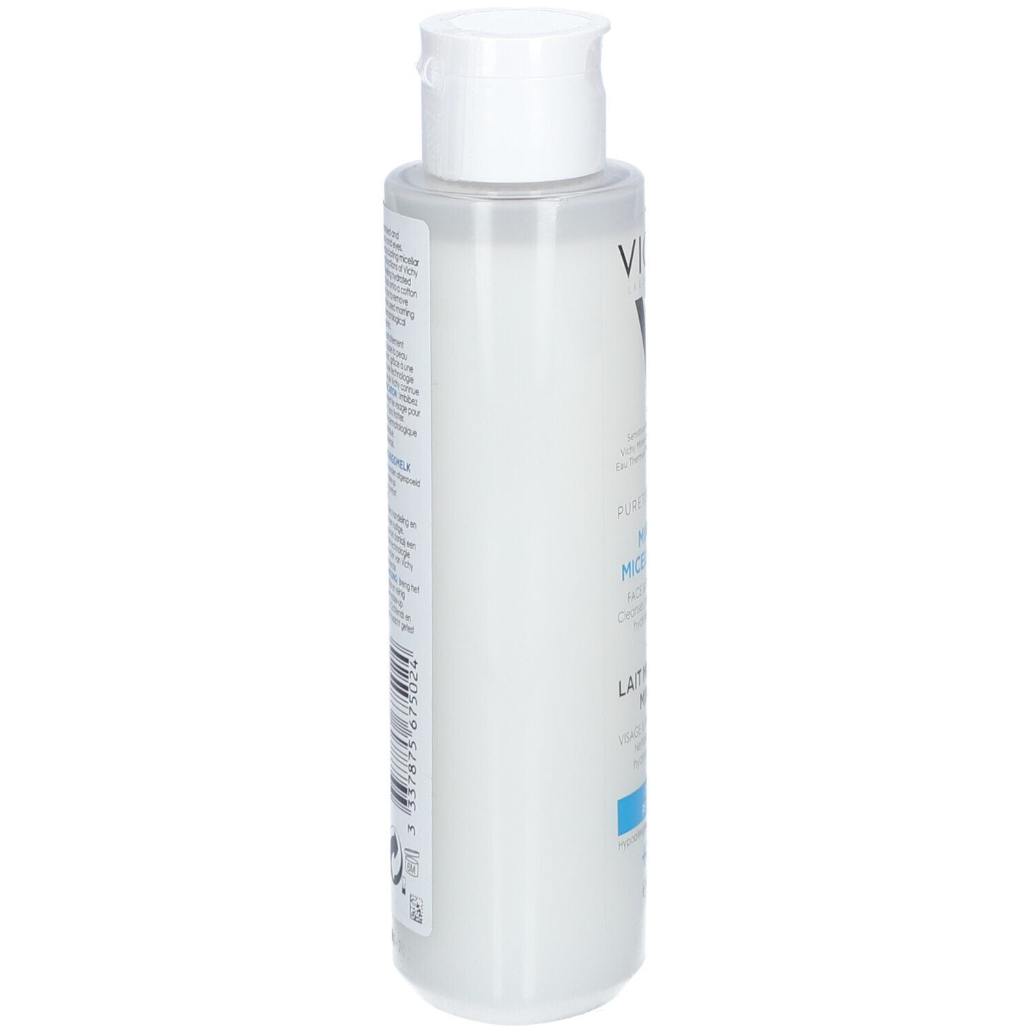 Flacon blanc, vue latérale. Étiquette partiellement visible. Logo Vichy et nom du produit: Lait Micellaire Minéral.