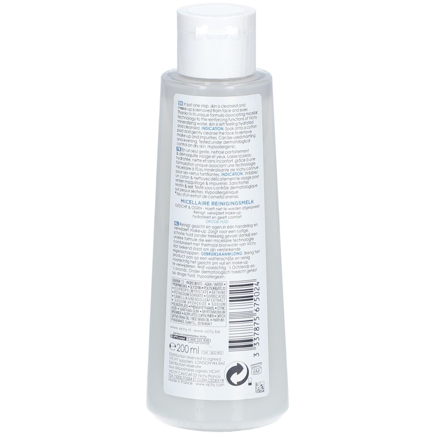 Dos du flacon blanc. Informations sur le produit. Logo Vichy et nom du produit: Lait Micellaire Minéral.