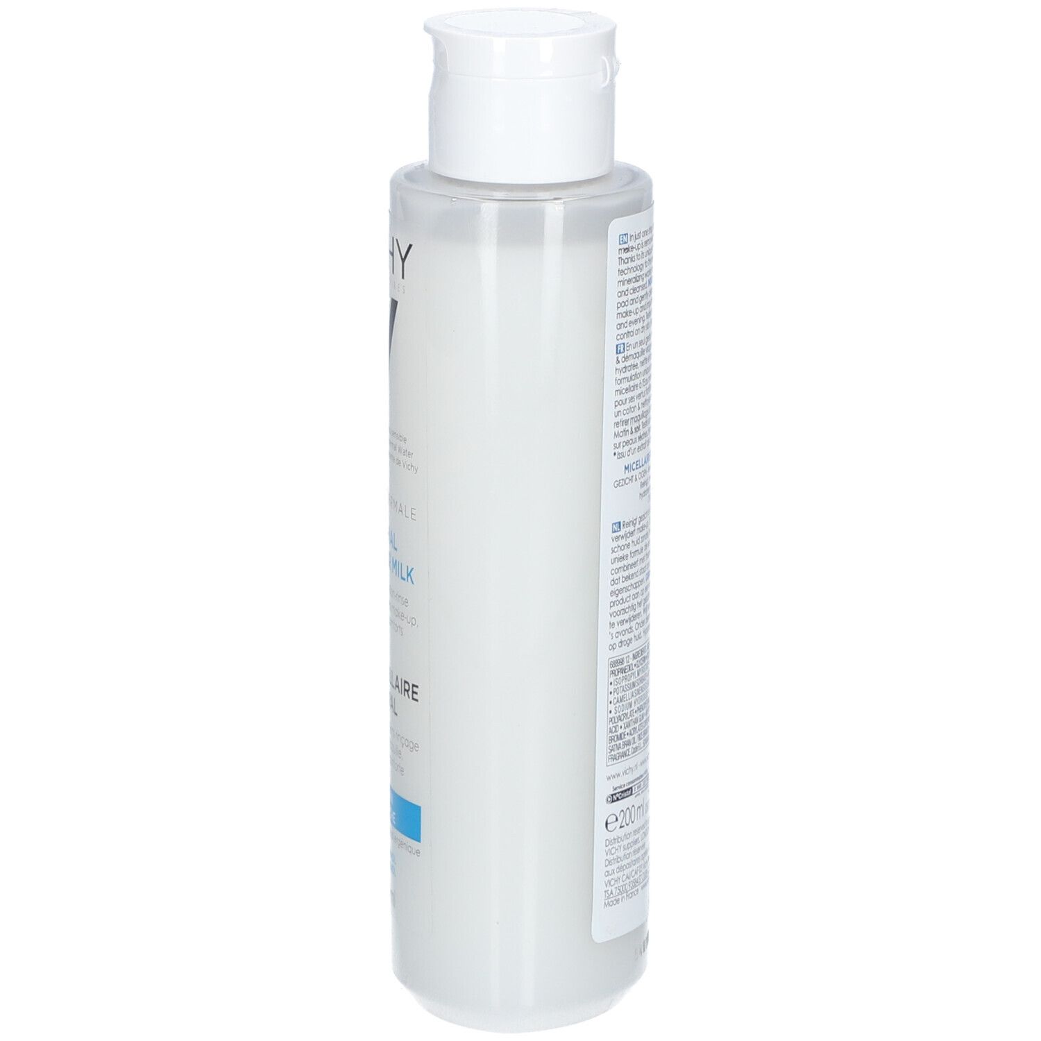Flacon blanc, vue latérale. Étiquette partiellement visible. Logo Vichy et nom du produit: Lait Micellaire Minéral.