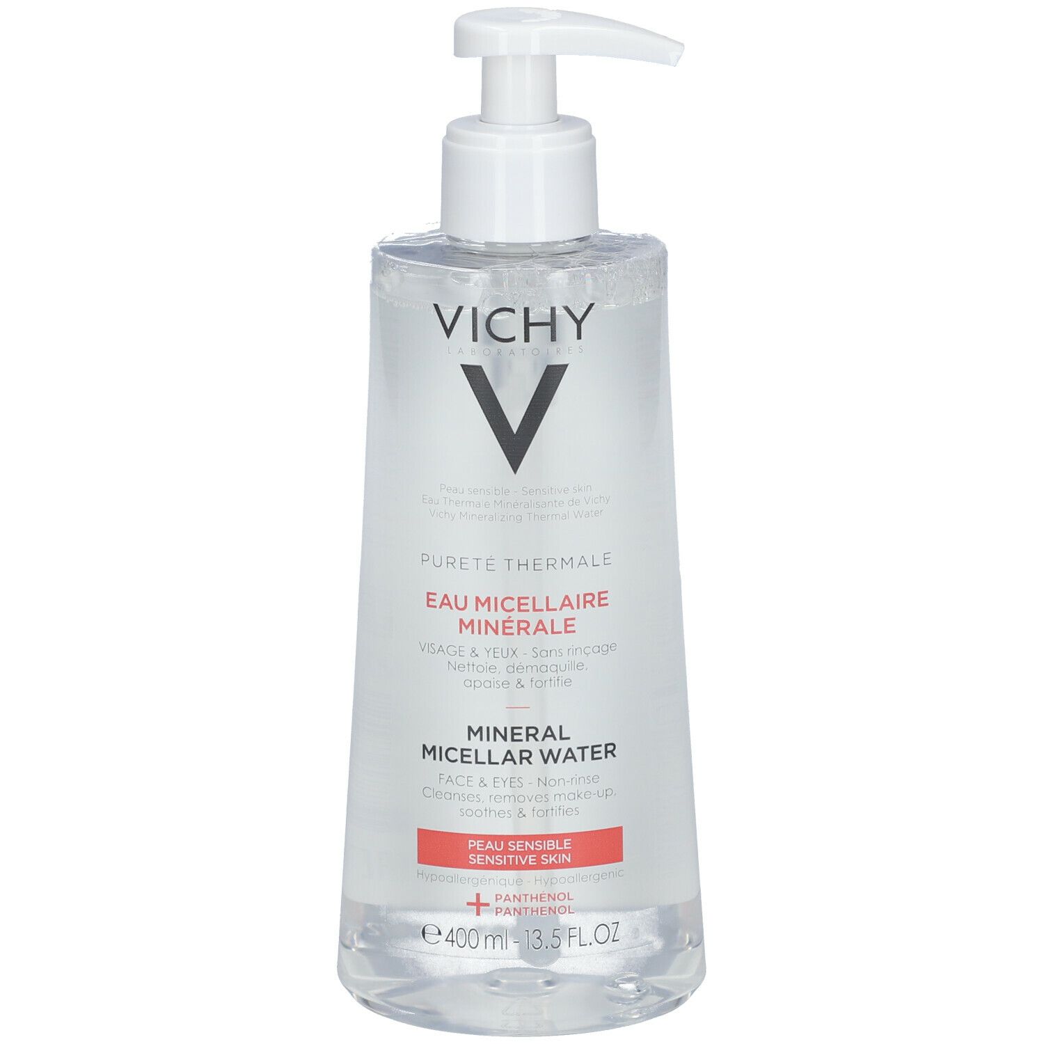 Vichy Pureté Thermale Mizellenwasser. Transparente Flasche mit weißem Pumpkopf. Rotes Etikett.