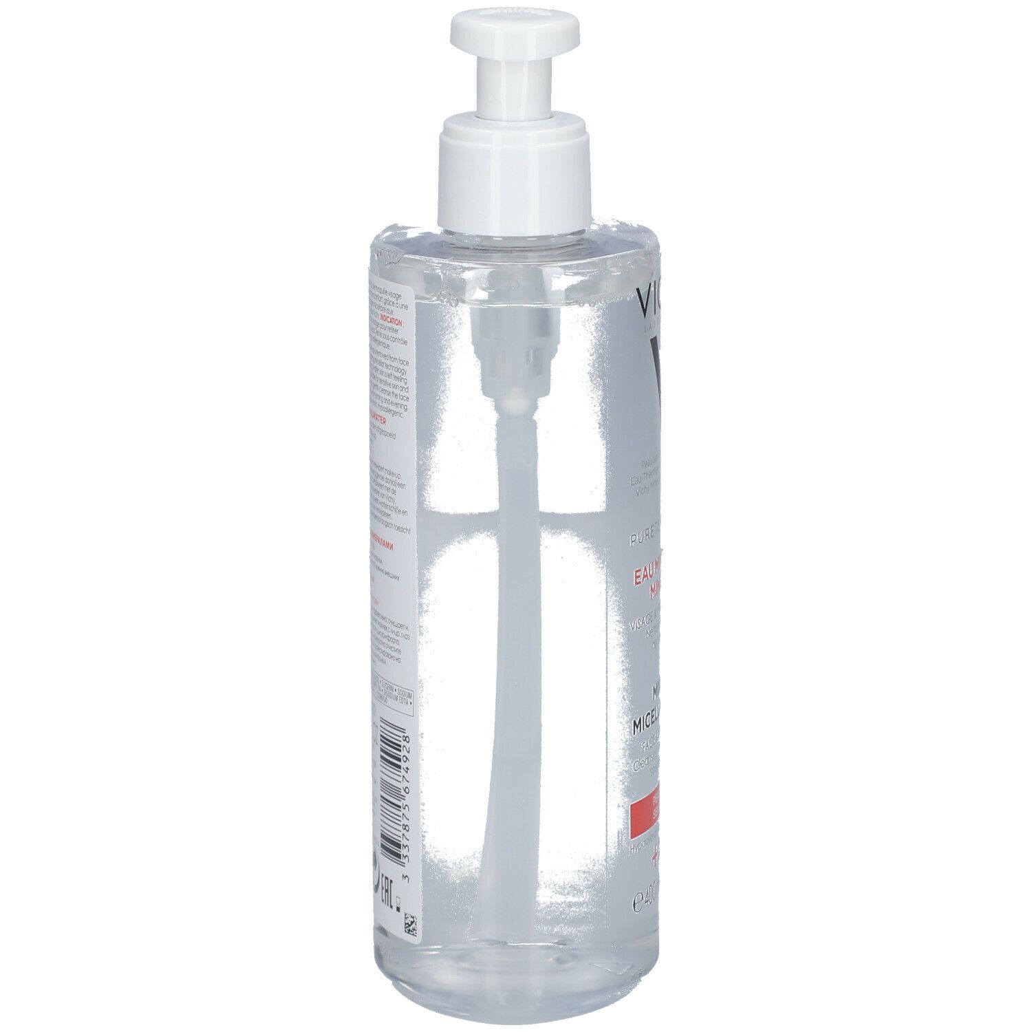 Rückansicht der Flasche. Transparente Flüssigkeit. Weißer Pumpkopf. Etikett mit Produktinformationen.