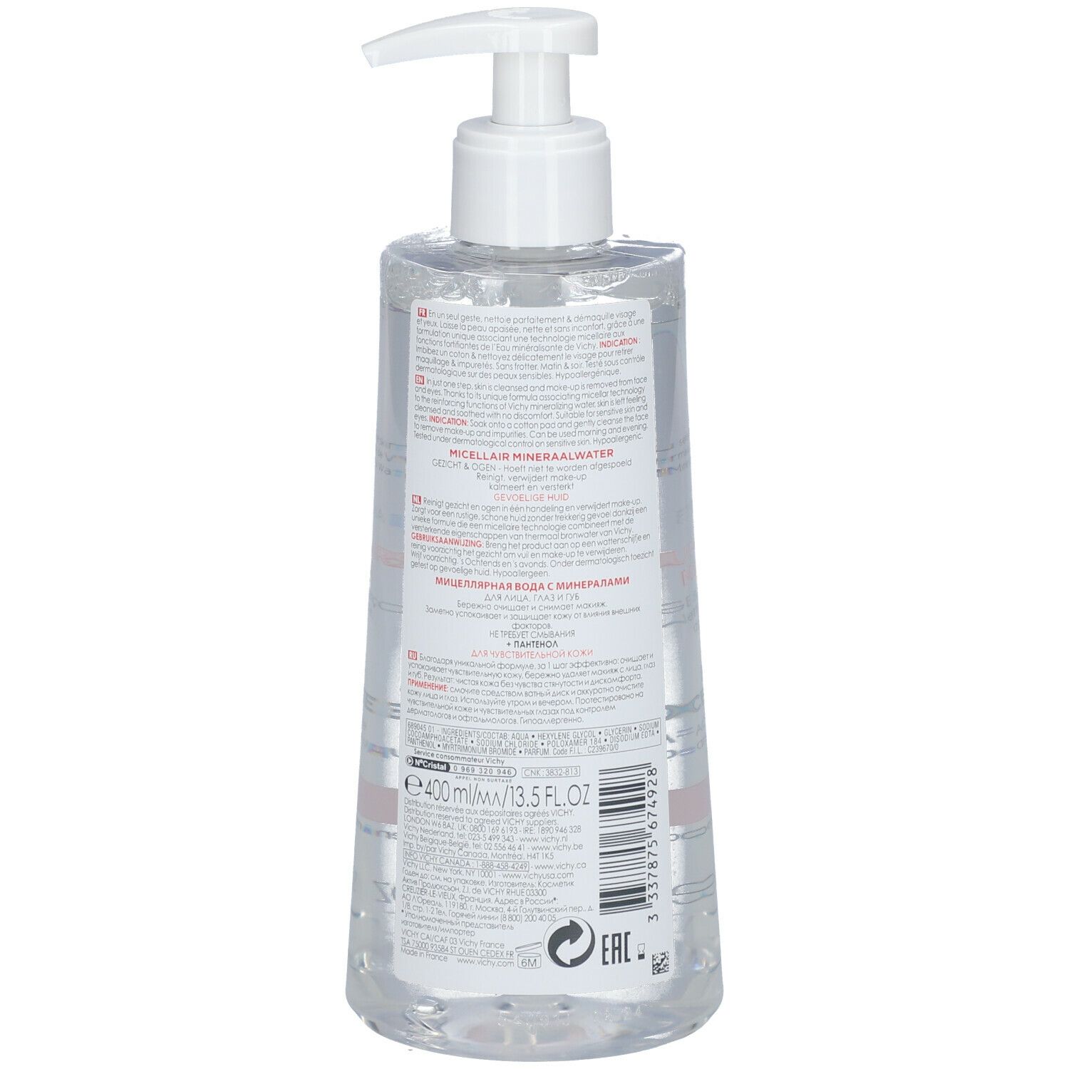 Rückansicht der Flasche. Etikett mit Produktinformationen. Transparente Flüssigkeit. Weißer Pumpkopf.