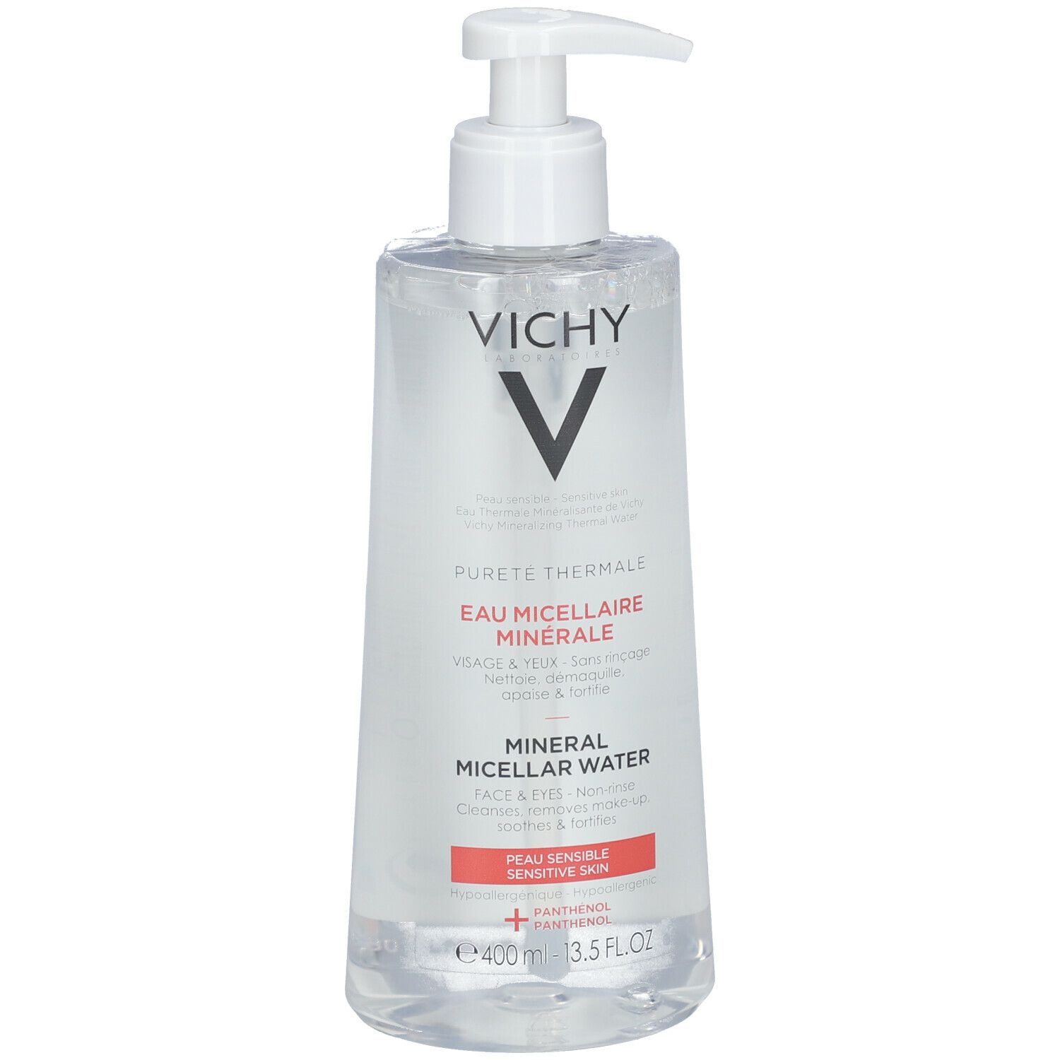 Vichy Pureté Thermale Mizellenwasser. Transparente Flasche mit weißem Pumpkopf. Rotes Etikett.