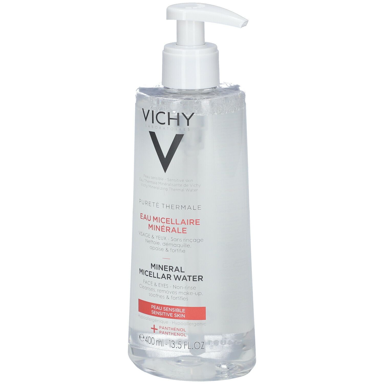 Vichy Pureté Thermale Mizellenwasser. Transparente Flasche mit weißem Pumpkopf. Rotes Etikett.