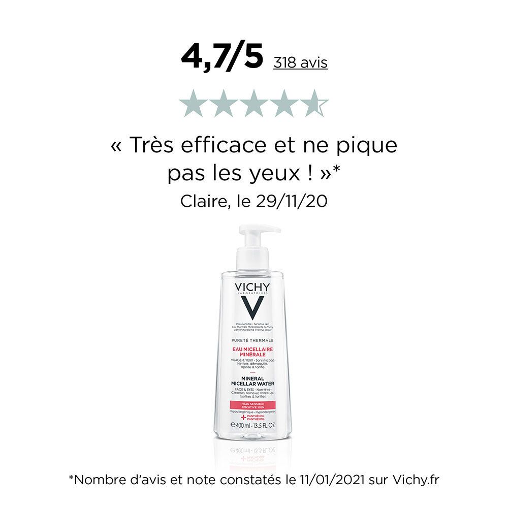 Produkt mit Bewertung von 4,7/5 Sternen. Zitat: Sehr effektiv und brennt nicht in den Augen. Vichy Mizellenwasser.
