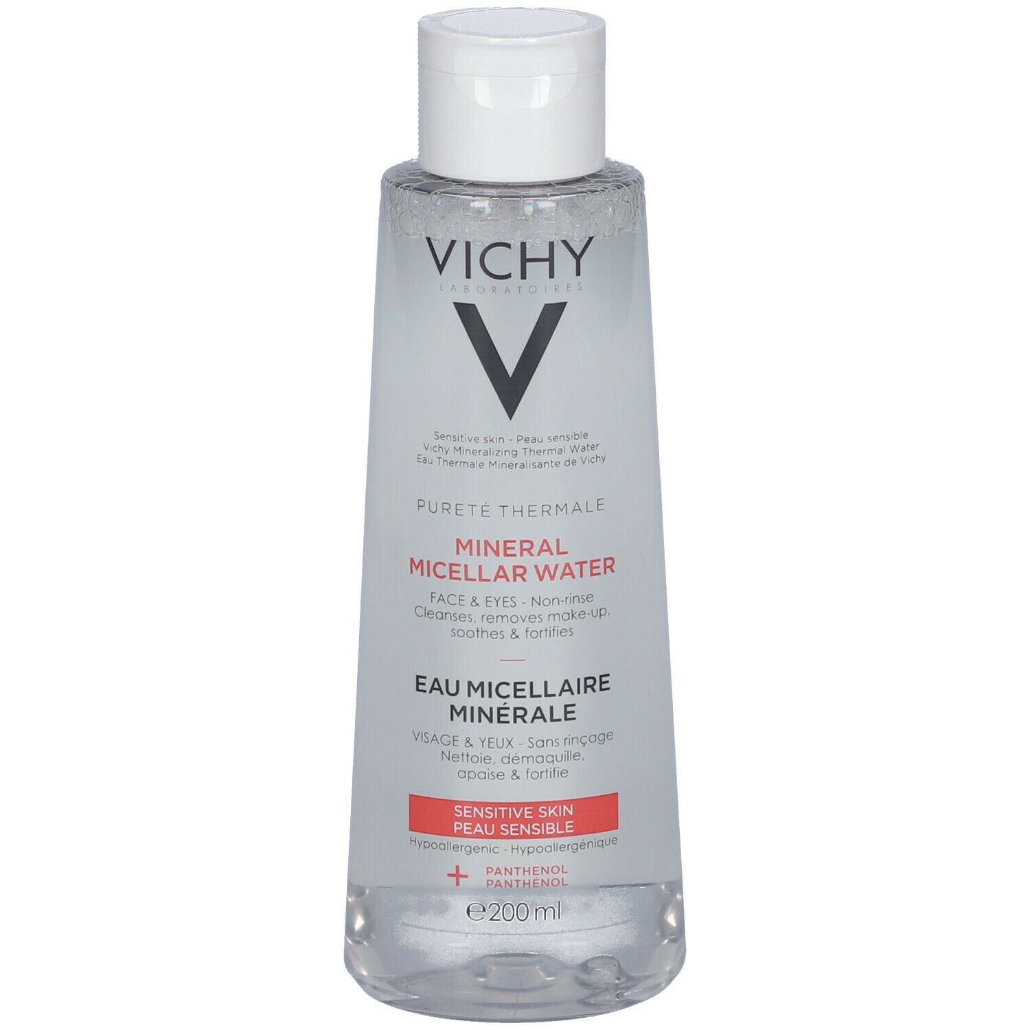 Flacon d'eau micellaire minérale Vichy, bouchon blanc. Inscription : PURETÉ THERMALE, EAU MICELLAIRE MINÉRALE, pour peaux sensibles.