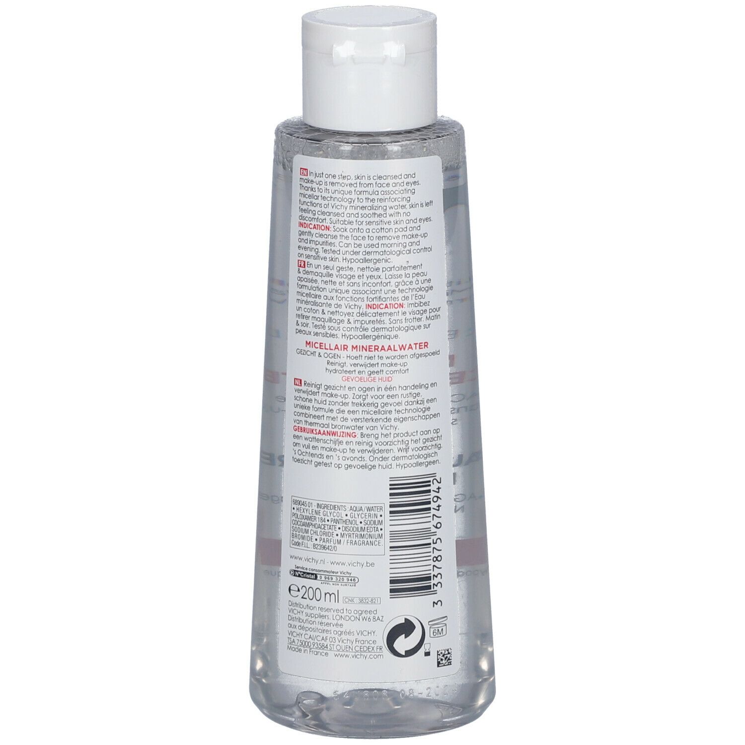 Dos du flacon d'eau micellaire minérale Vichy. Texte multilingue, code-barres et indication de volume : 200 ml.