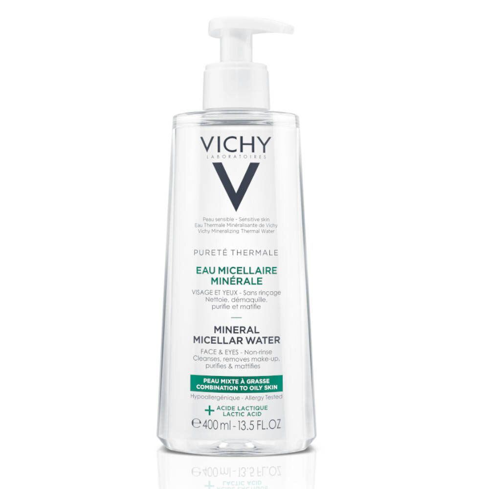 Vichy Pureté Thermale Mizellen Reinigungsfluid. Transparente Flasche mit weißem Pumpverschluss. Produktetikett mit Text und Logo.
