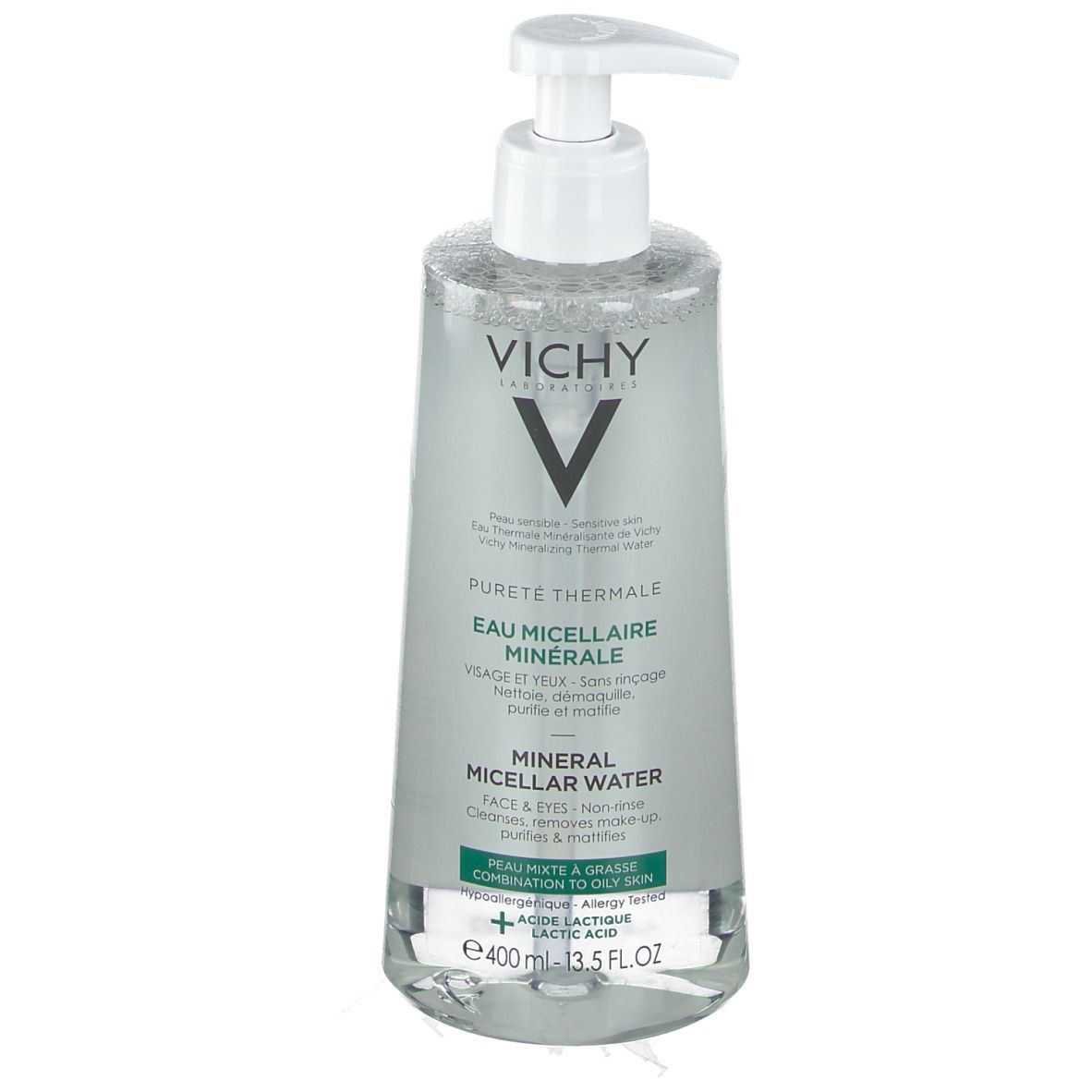 Vichy Pureté Thermale Mizellen Reinigungsfluid. Transparente Flasche mit weißem Pumpverschluss. Produktetikett mit Text und Logo.