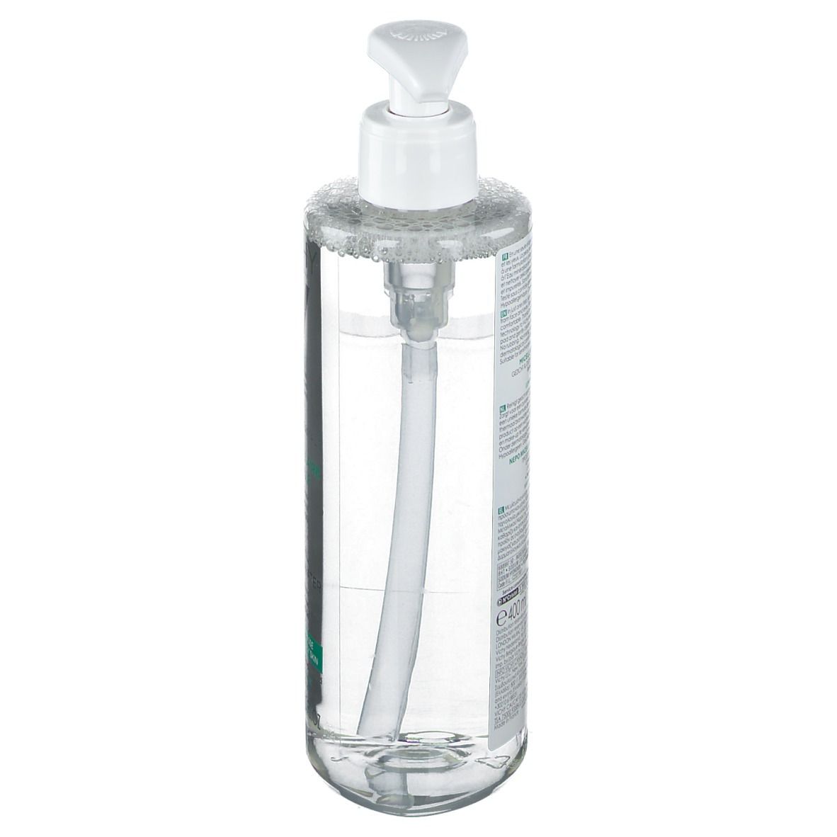 Vichy Pureté Thermale Mizellen Reinigungsfluid. Transparente Flasche mit weißem Pumpverschluss. Produktetikett mit Text und Logo.