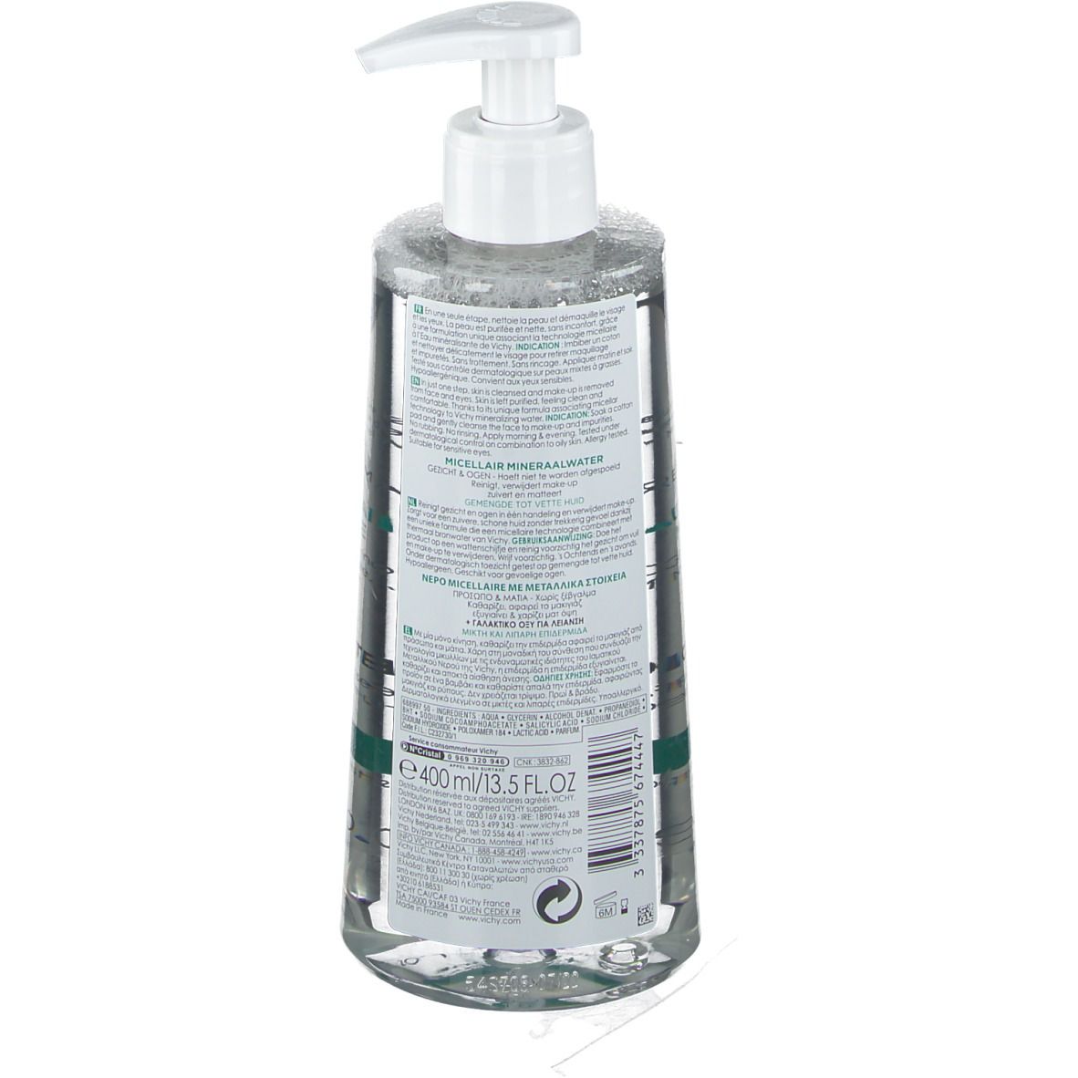 Vichy Pureté Thermale Mizellen Reinigungsfluid. Transparente Flasche mit weißem Pumpverschluss. Produktetikett mit Text und Logo.