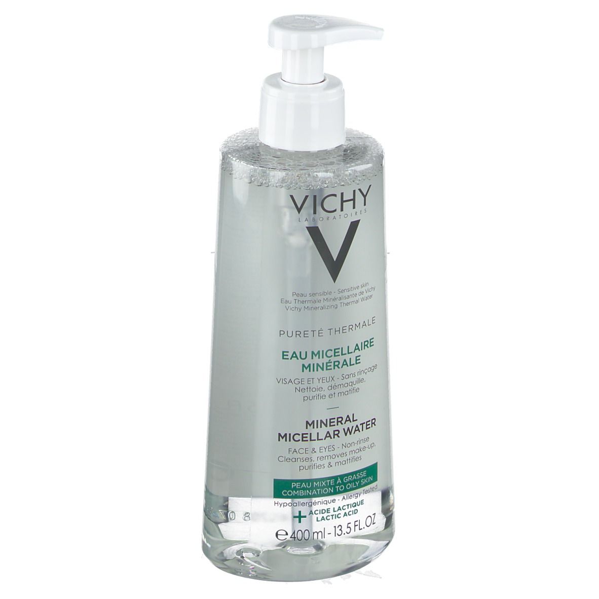 Vichy Pureté Thermale Mizellen Reinigungsfluid. Transparente Flasche mit weißem Pumpverschluss. Produktetikett mit Text und Logo.