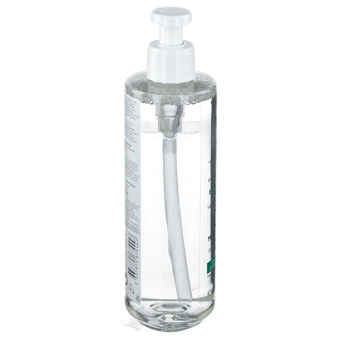 Vichy Pureté Thermale Mizellen Reinigungsfluid. Transparente Flasche mit weißem Pumpverschluss. Produktetikett mit Text und Logo.