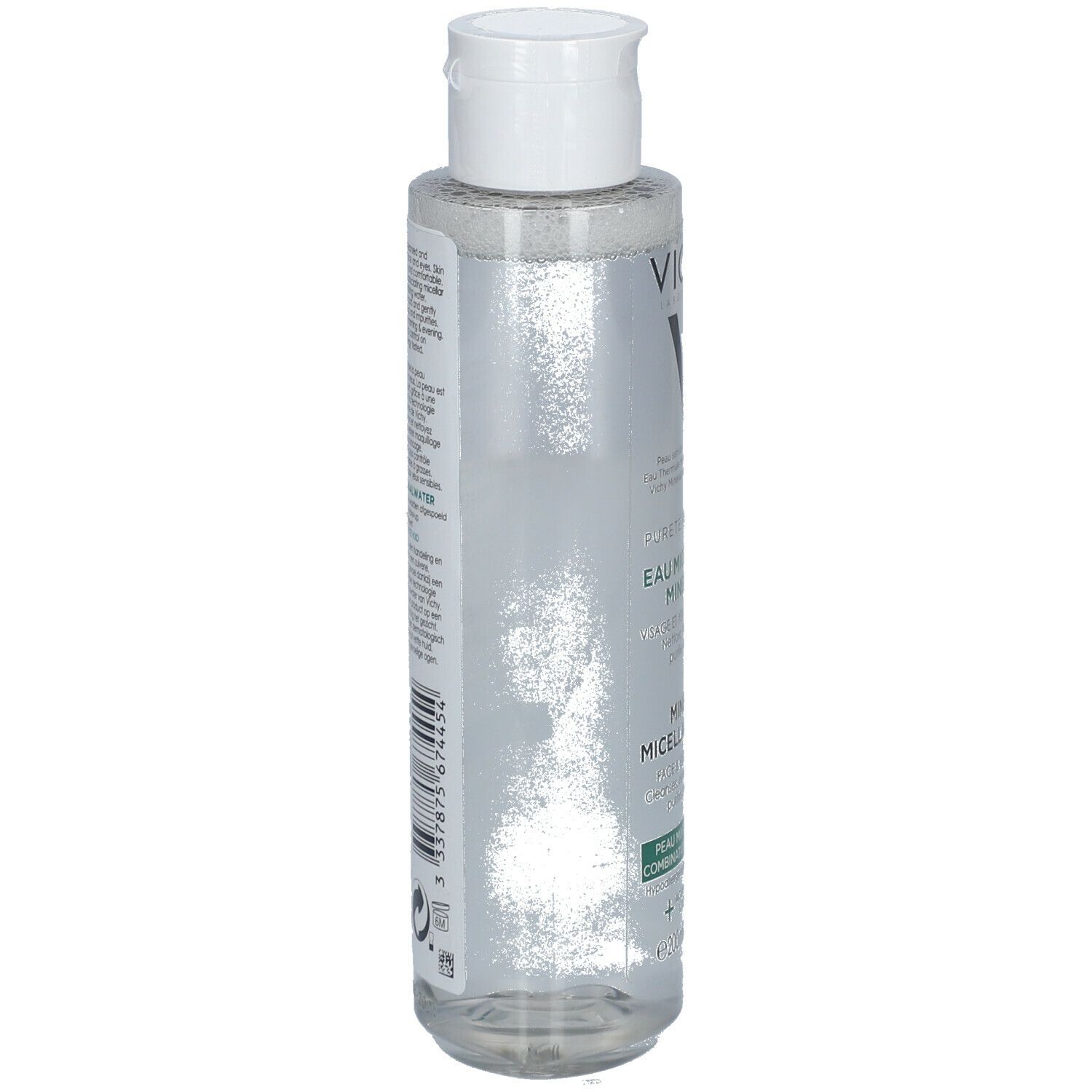 Flacon transparent avec bouchon blanc. Inscriptions et étiquette avec informations produit. Vue arrière.