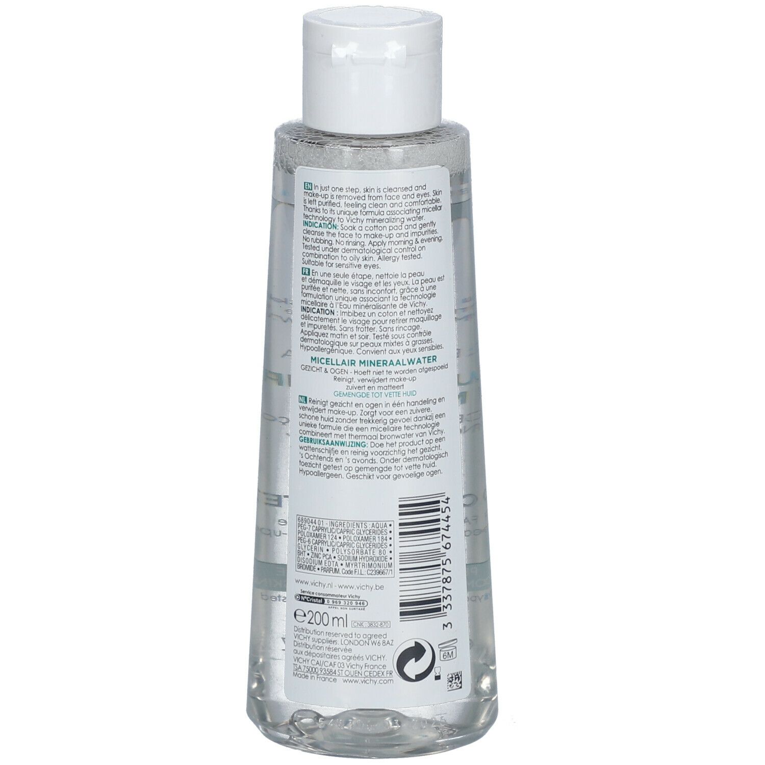 Vue arrière du flacon transparent avec bouchon blanc. Étiquette avec informations produit et code-barres.