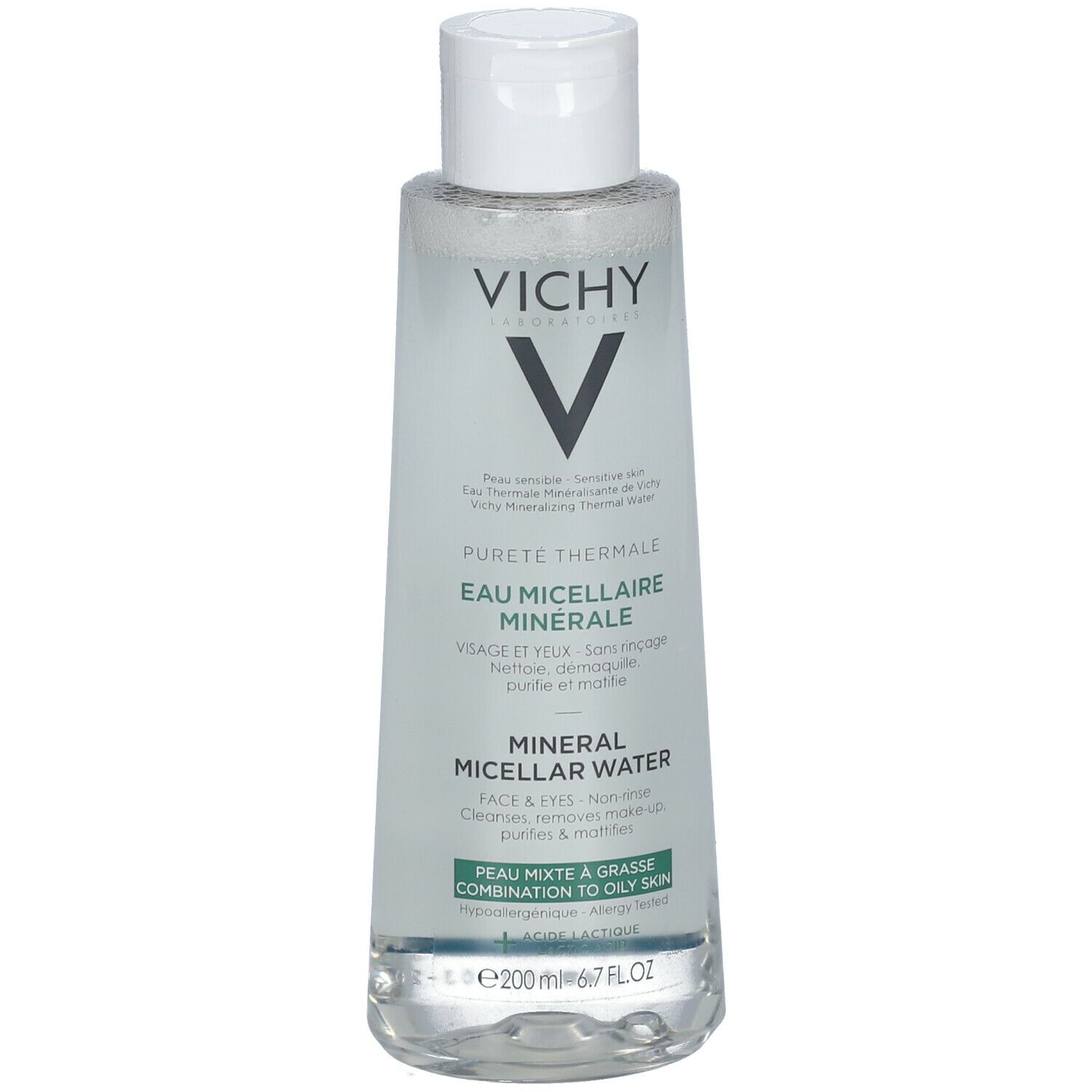 Flacon transparent avec bouchon blanc. Inscription: Vichy, Pureté Thermale, Eau Micellaire Minérale. Pour peaux mixtes.