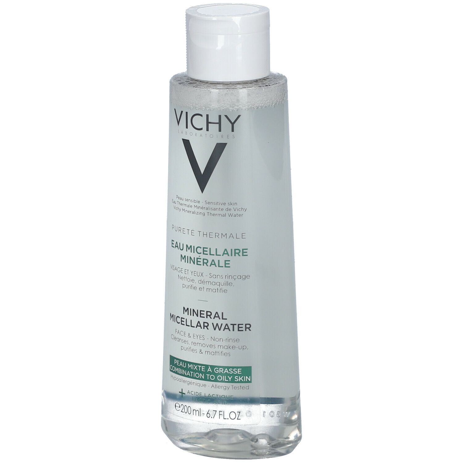 Flacon transparent avec bouchon blanc. Inscription: Vichy, Pureté Thermale, Eau Micellaire Minérale. Pour peaux mixtes.
