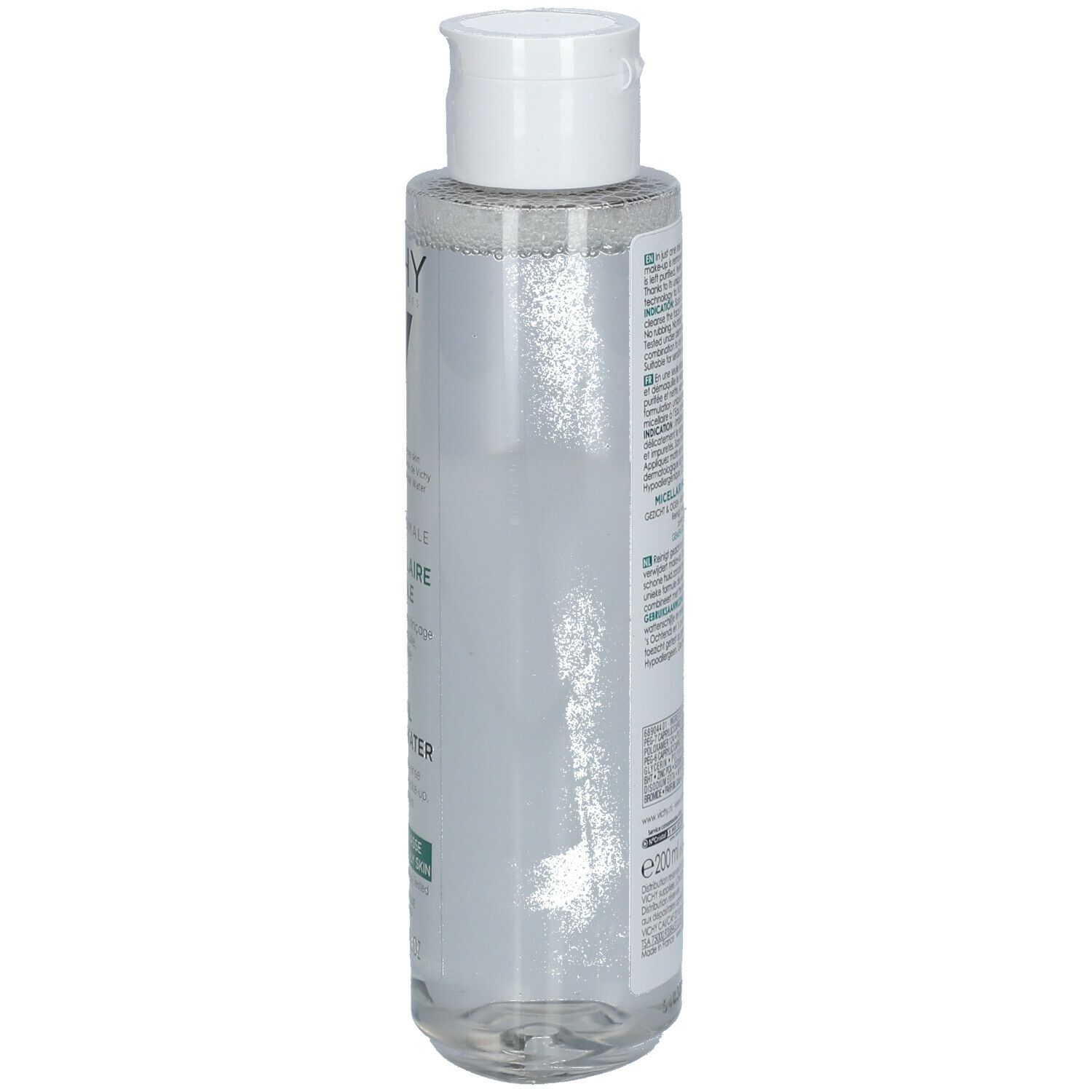 Flacon transparent avec bouchon blanc. Inscription et étiquette avec informations produit. Vue latérale.