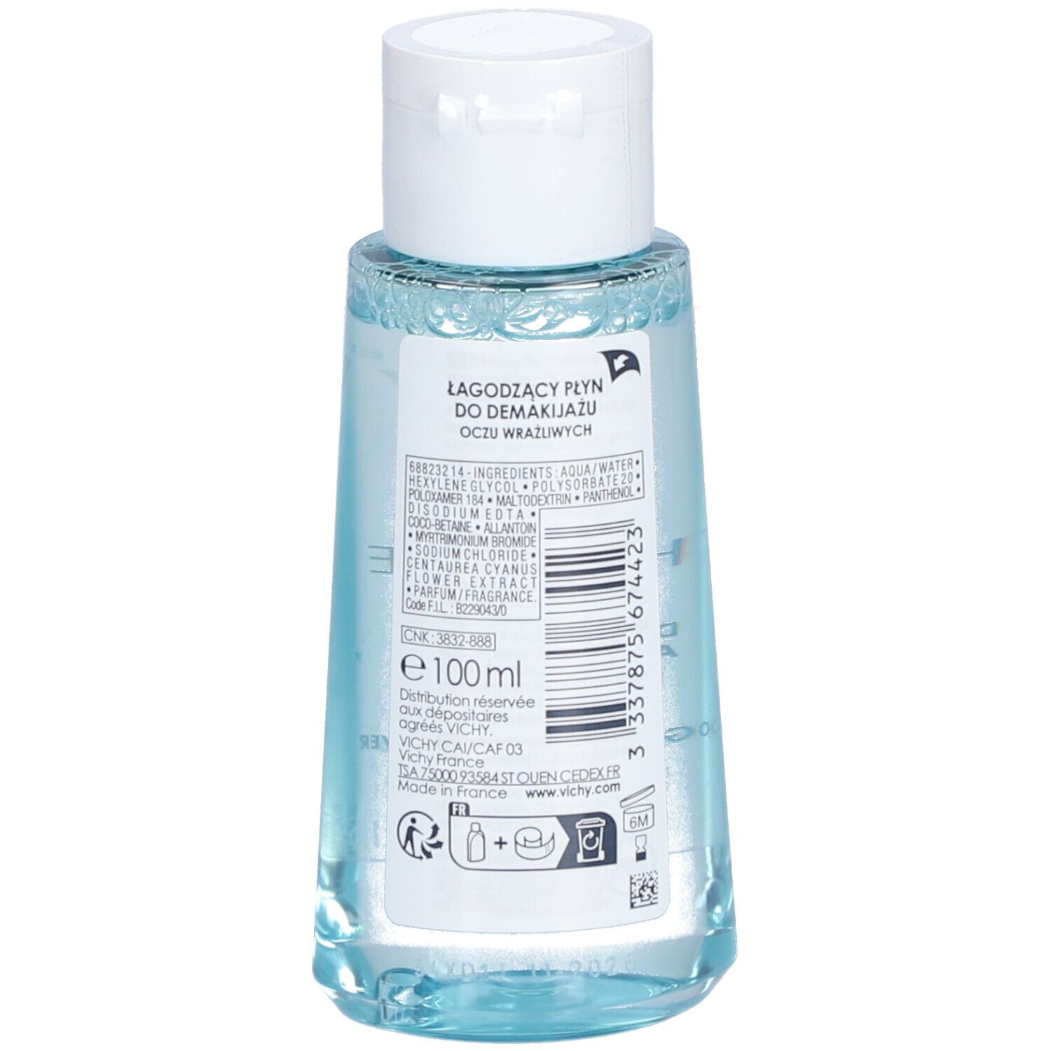 Dos du flacon Vichy Pureté Thermale. Ingrédients et texte sur fond transparent. Bouchon blanc.