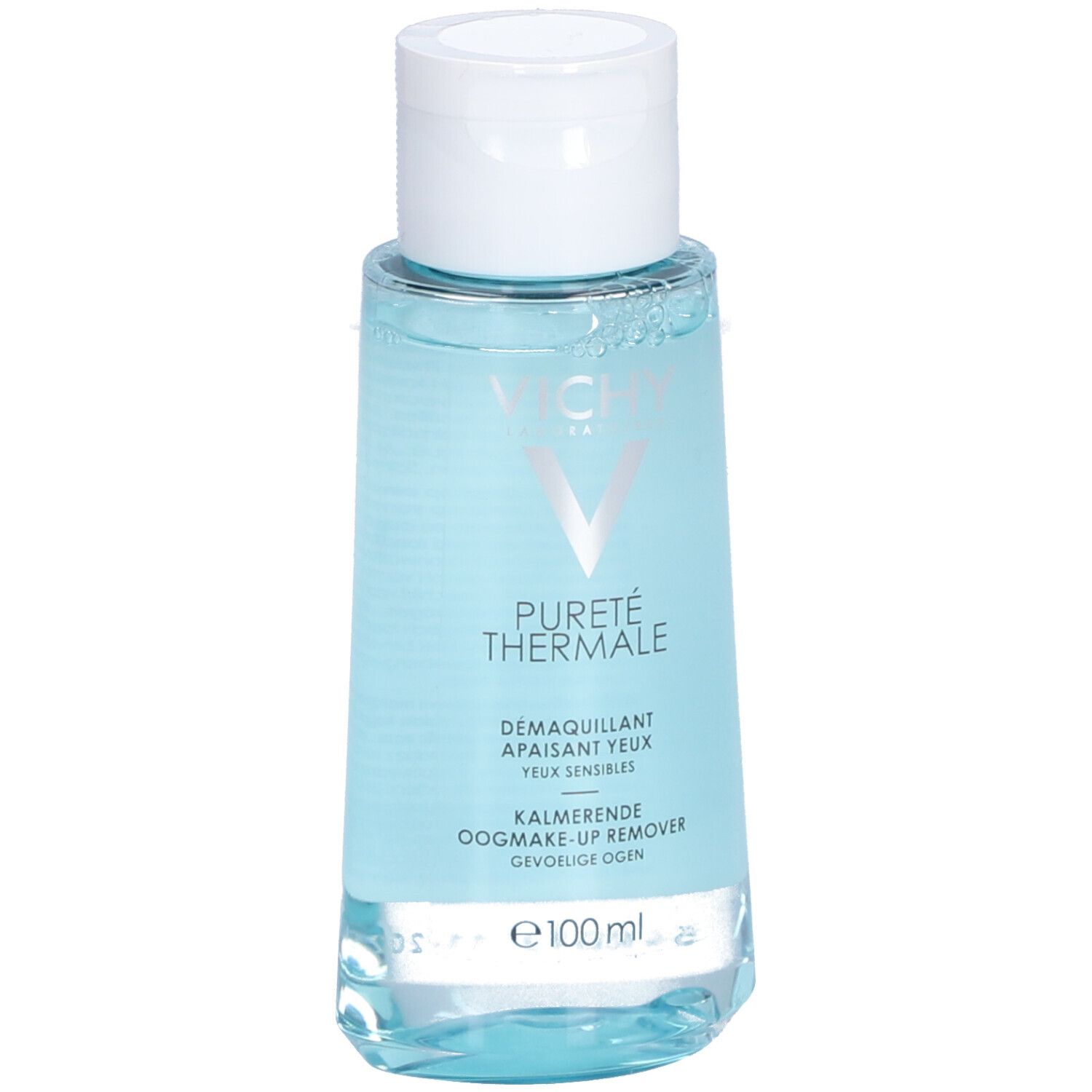 Démaquillant yeux Vichy Pureté Thermale. Liquide bleu dans flacon blanc. Nom du produit et marque visibles.
