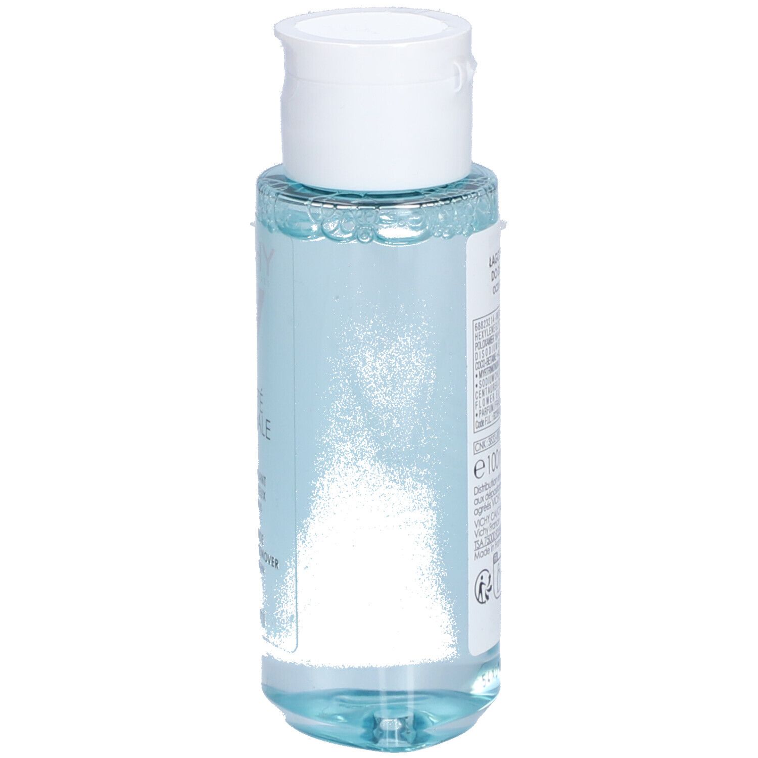 Dos du flacon Vichy Pureté Thermale. Informations textuelles sur fond transparent. Bouchon blanc.
