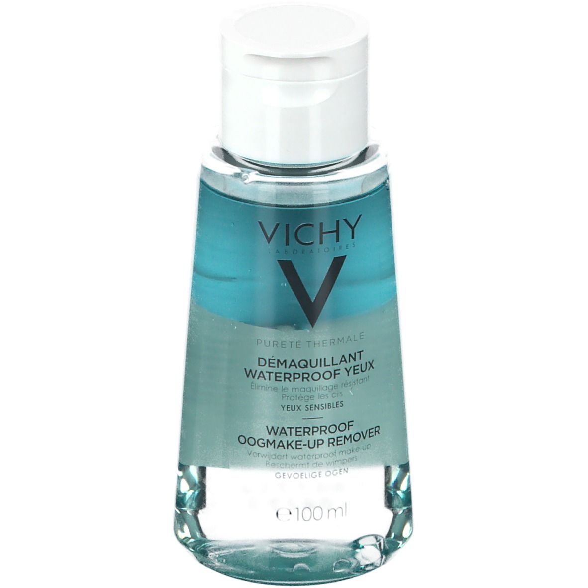 Flacon transparent avec contenu bleu et couvercle blanc. Inscription : Vichy, Pureté Thermale, démaquillant waterproof yeux.