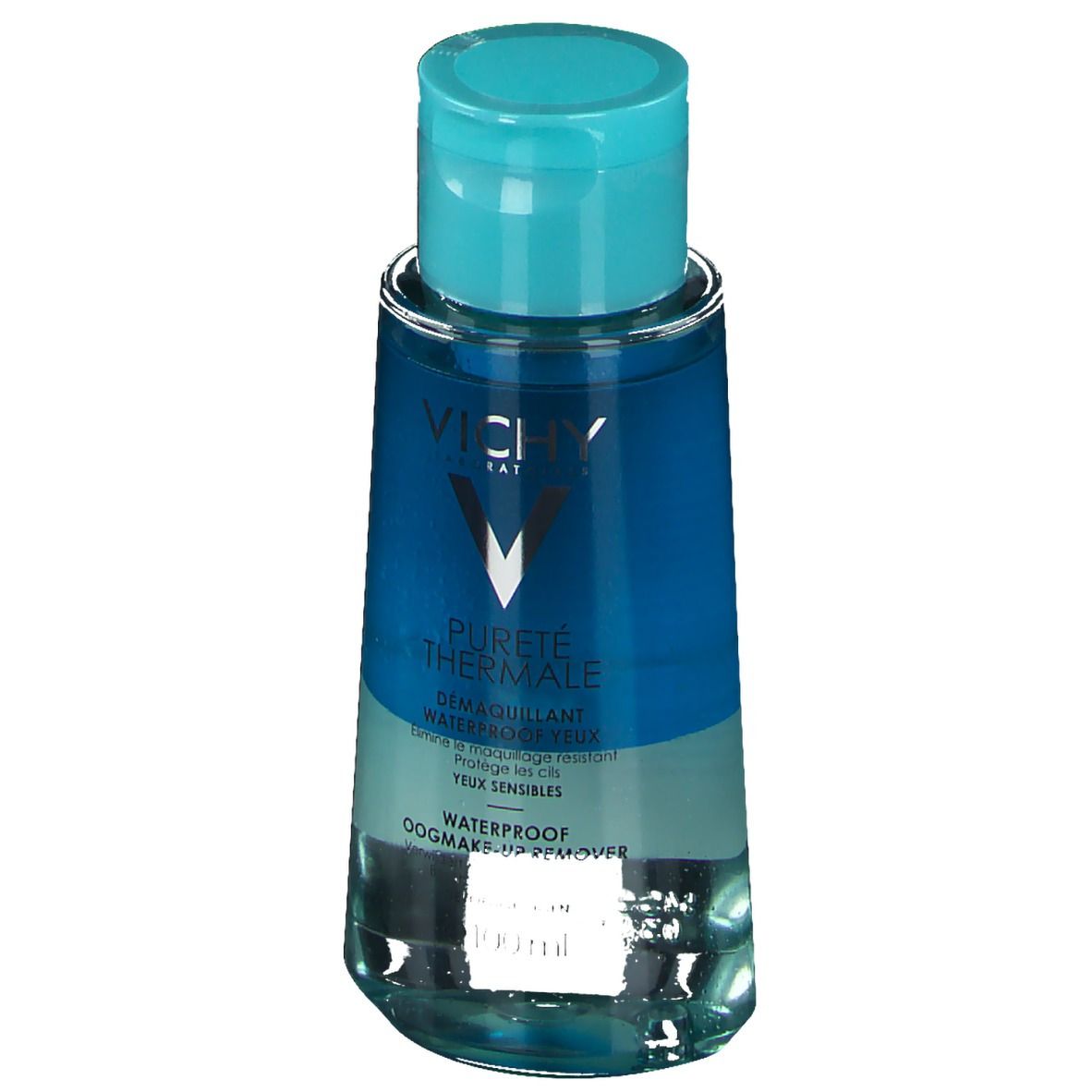 Flacon avec contenu bleu et couvercle bleu clair. Inscription : Vichy, Pureté Thermale, démaquillant waterproof yeux.