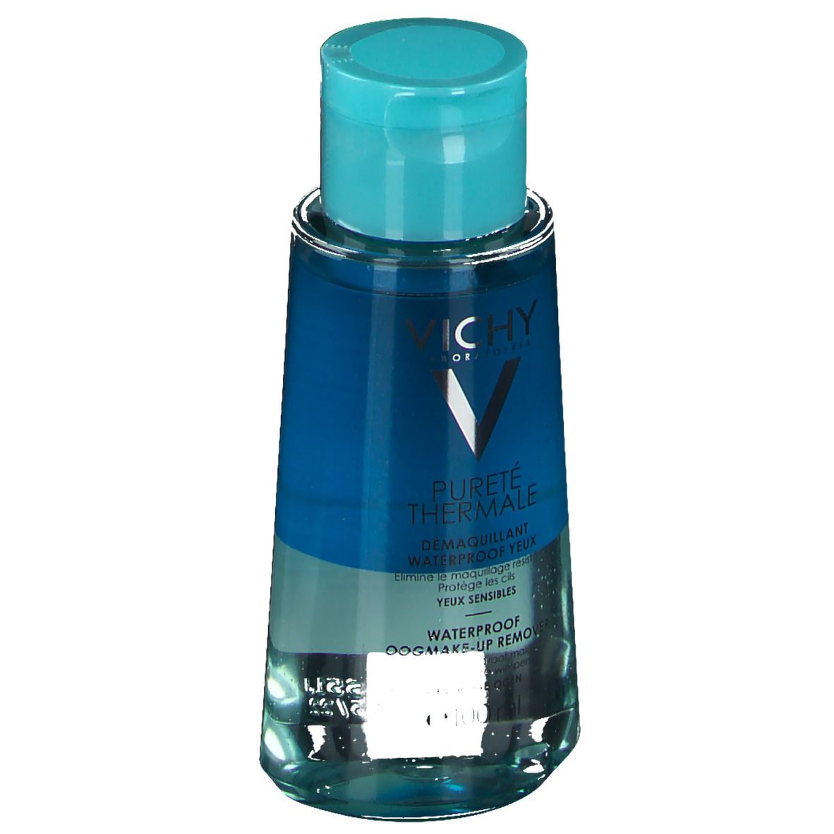 Flacon avec contenu bleu et couvercle bleu clair. Inscription : Vichy, Pureté Thermale, démaquillant waterproof yeux.